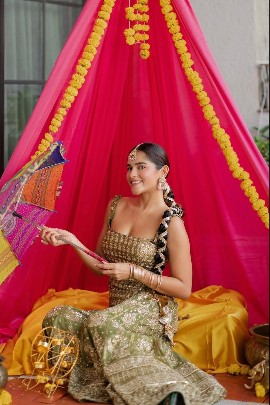 Meghna Kaur in Sage Green Gold Embroidered Corset Gharara Set