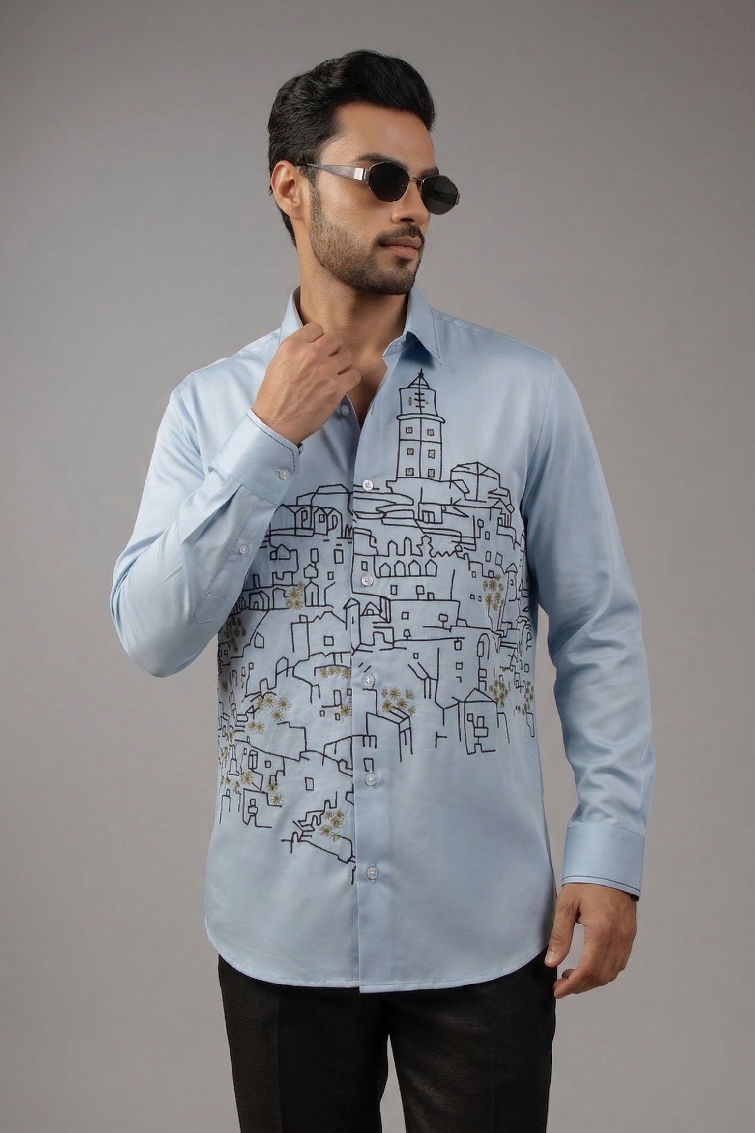 Sky Blue Mediterranean Hillside Cityscape Embroidered Shirt