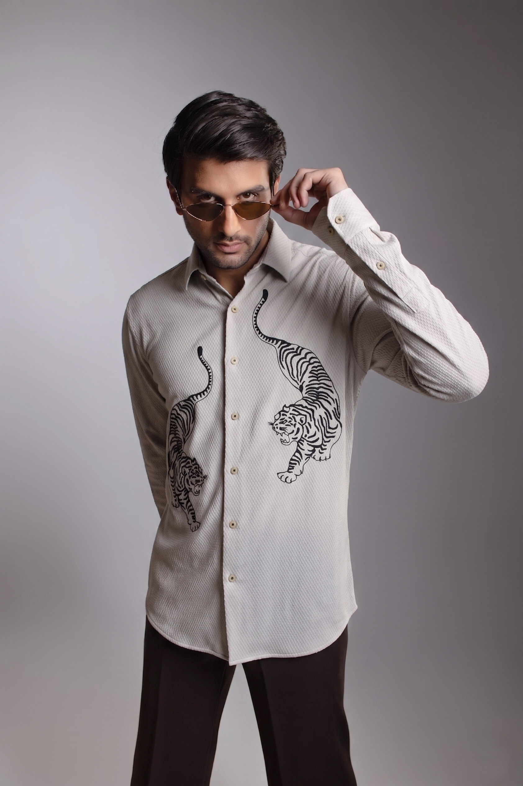 Stone Grey Dual Tiger Embroidered Textured Shirt