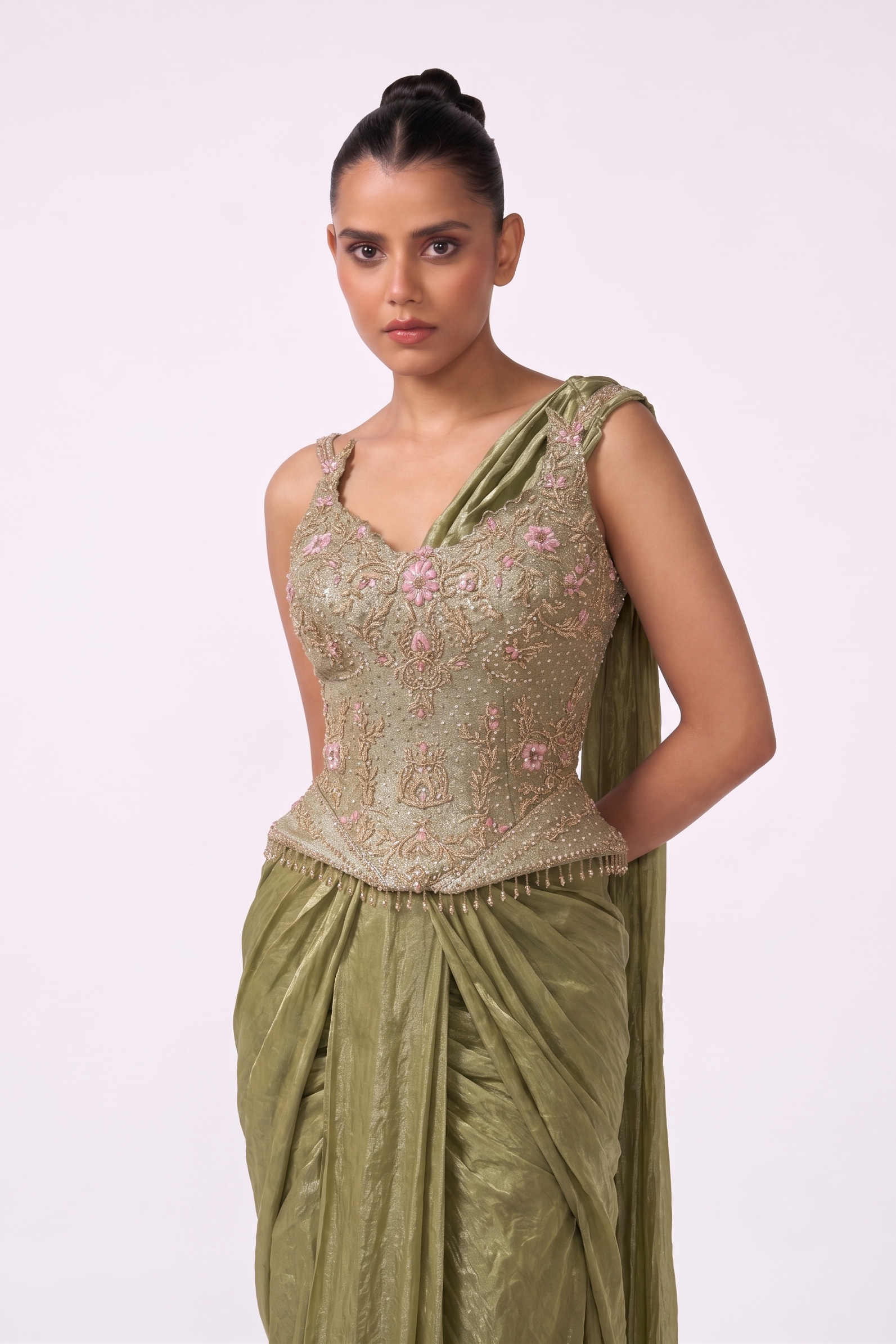 Sage Vine Corset Saree - Bodice Detail