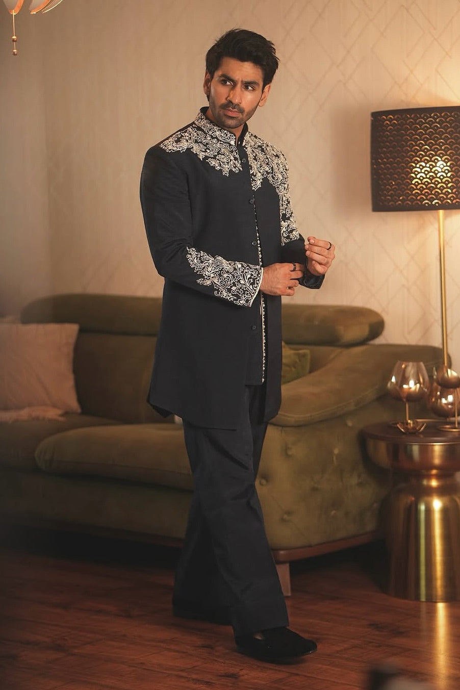 Devashish in Black & Gold Floral Embroidered Bandhgala