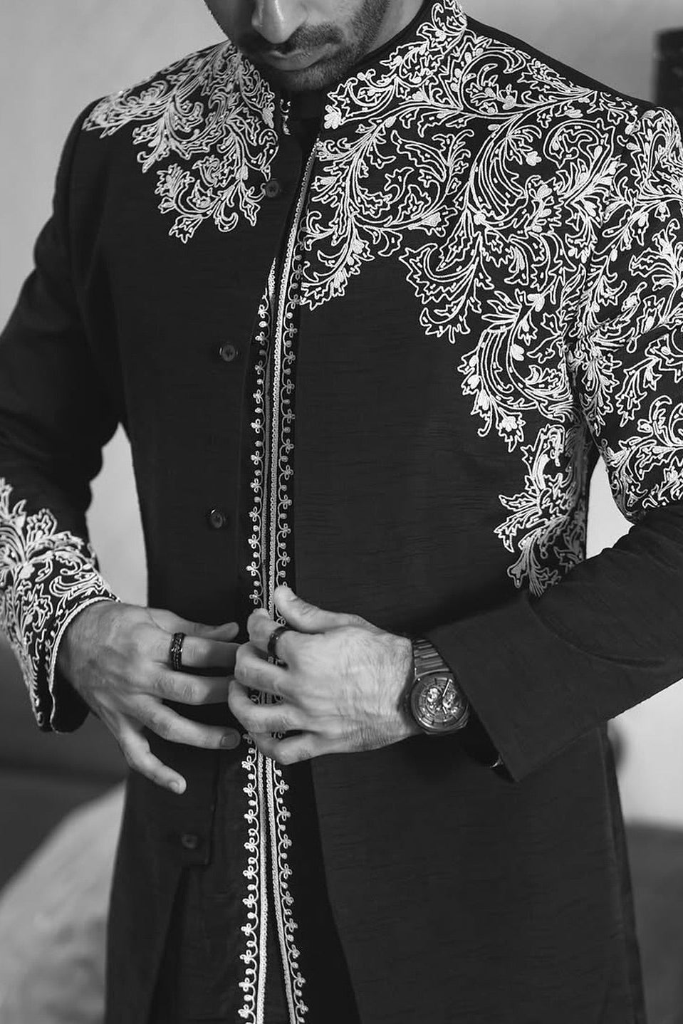 Devashish in Black & Gold Floral Embroidered Bandhgala