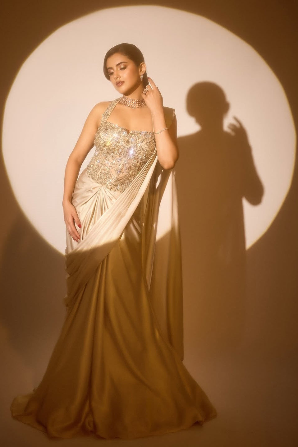 Malvika Sharma – Pearl White Crystal Corset Saree