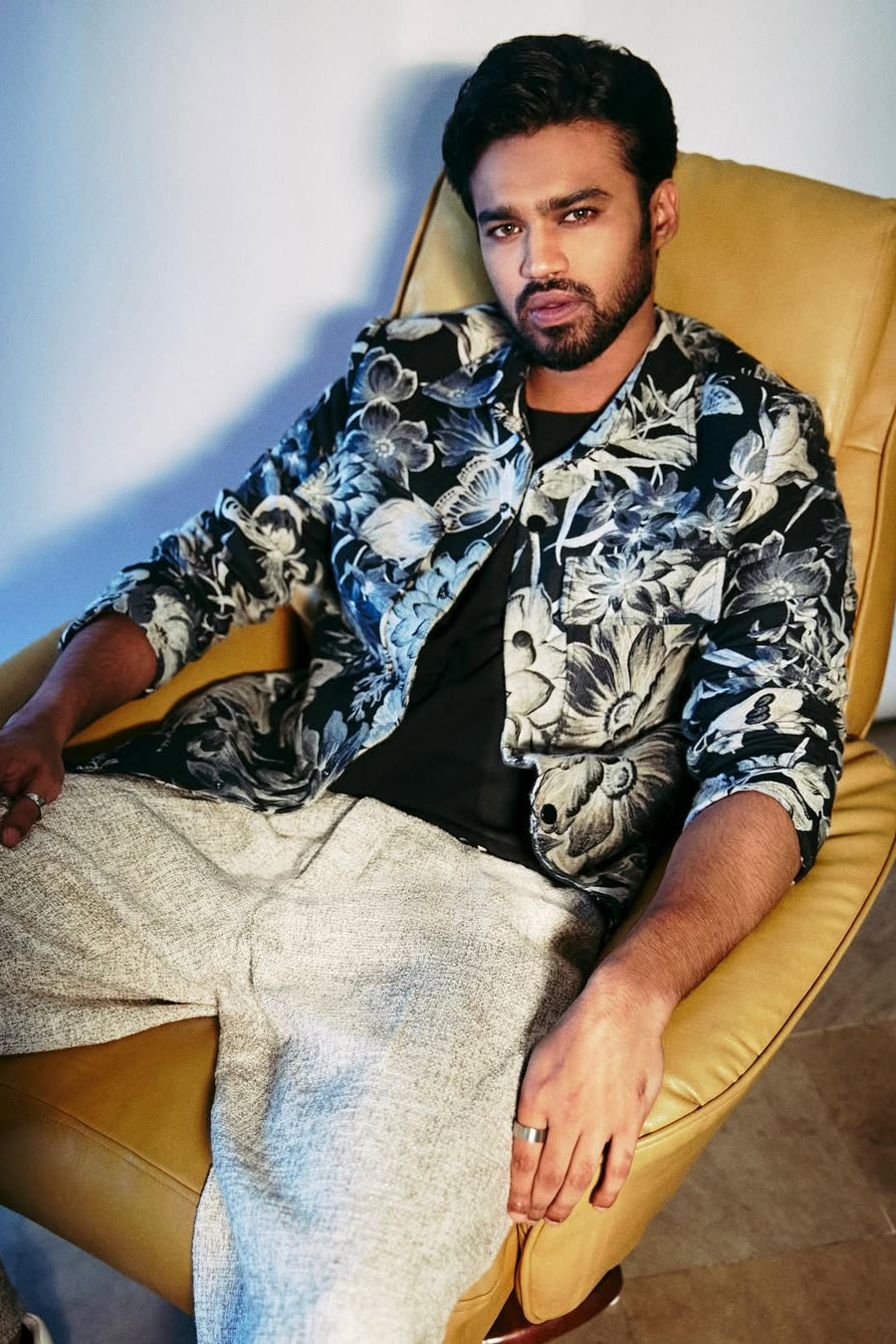 Babil Khan – Navy Botanical Print Jacket with Ivory Wide-Leg Trousers