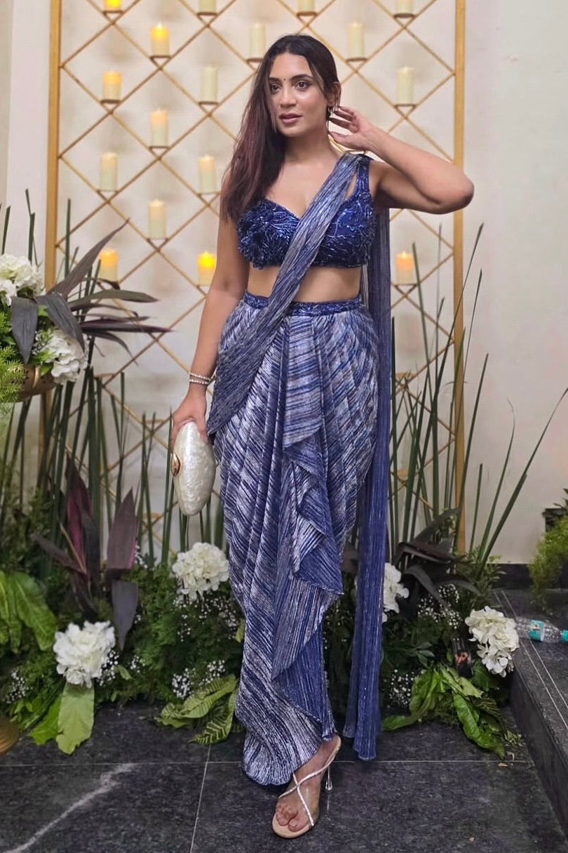 Mariita Monteirro in Blue Metallic Draped Saree Set