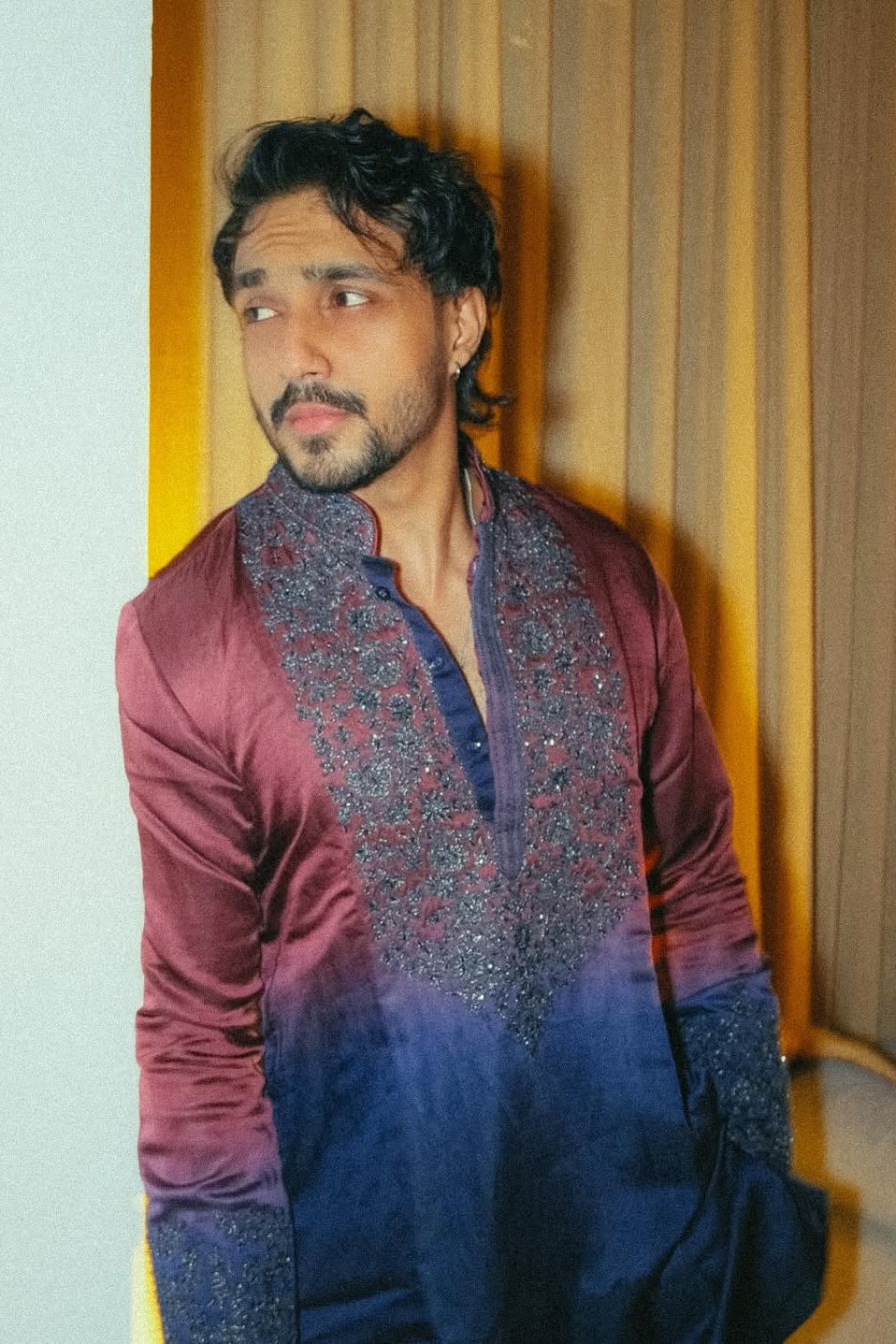 Tanzeel Khan in Burgundy to Navy Ombre Embroidered Kurta