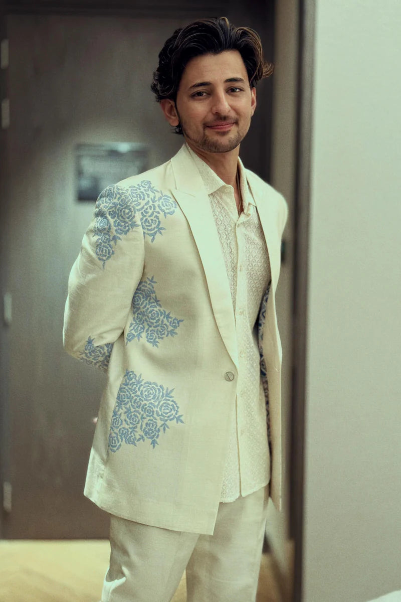 Darshan Raval in Ivory Blue Rose Embroidered Suit