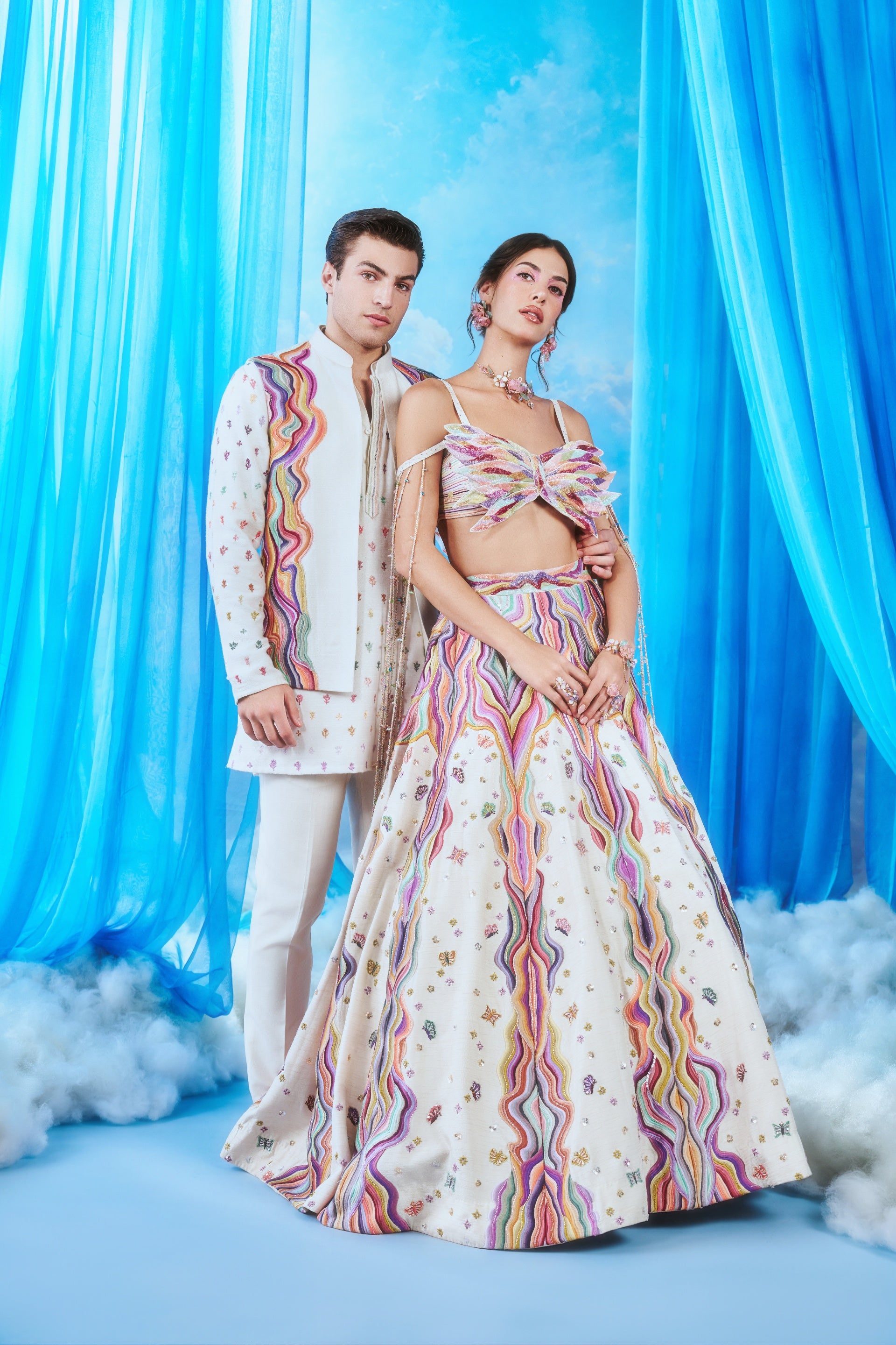 Spectrum — Ivory Lehenga with Multicolour Wave Embroidery & Crystal Strap Detail