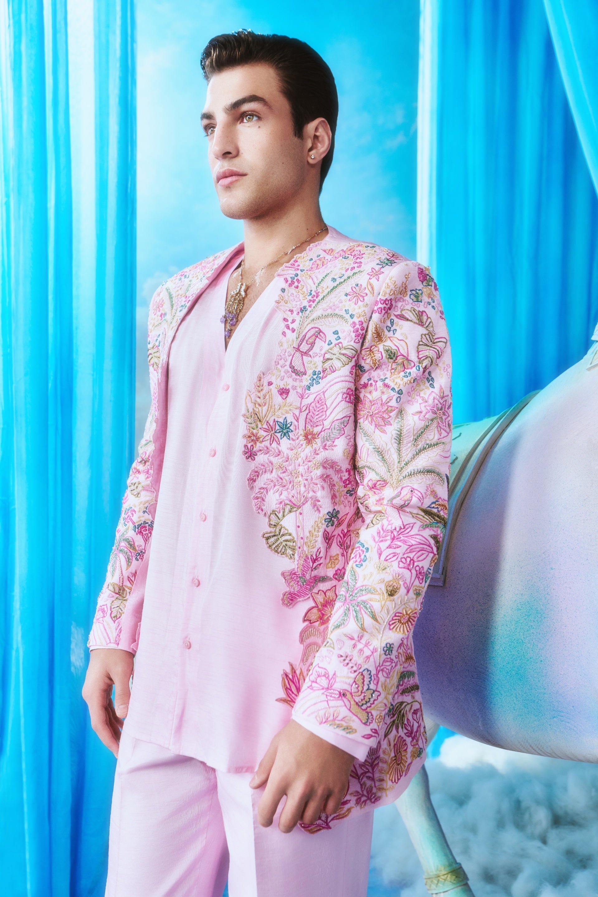 Pink Floral Embroidered Co-ord Set - close up detail