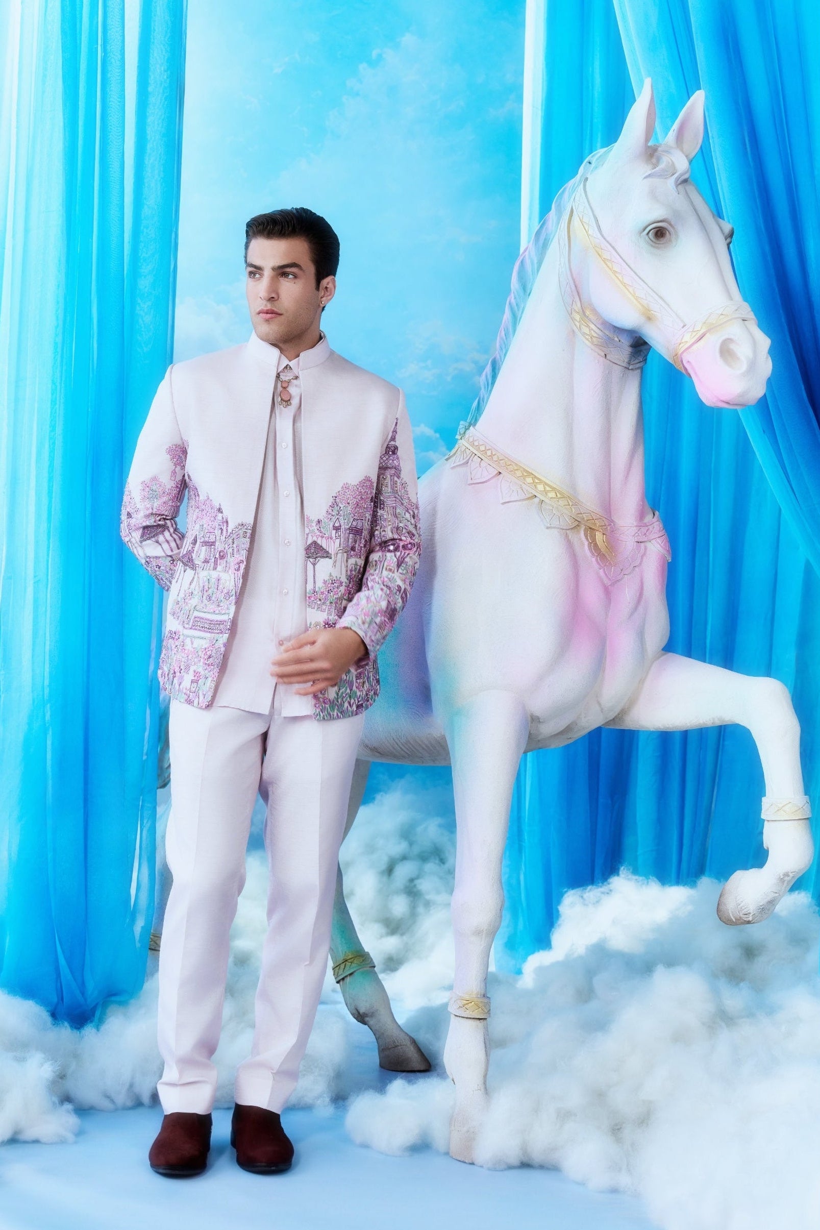 White Garden City Embroidered Bandhgala Jacket Set - full length with horse