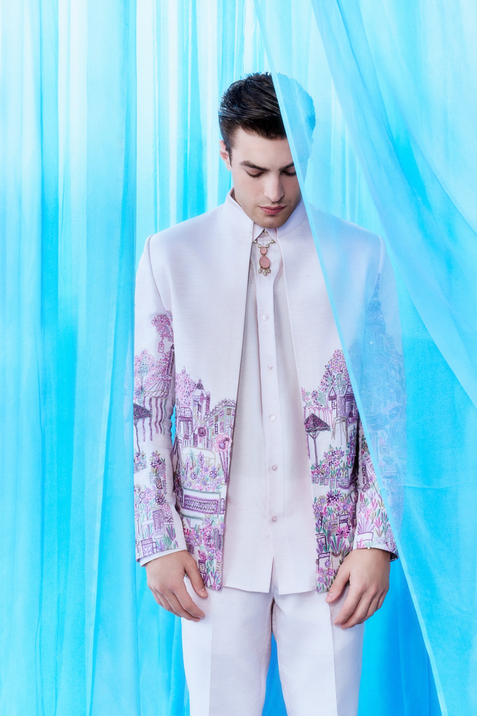 White Garden City Embroidered Bandhgala Jacket Set - full look