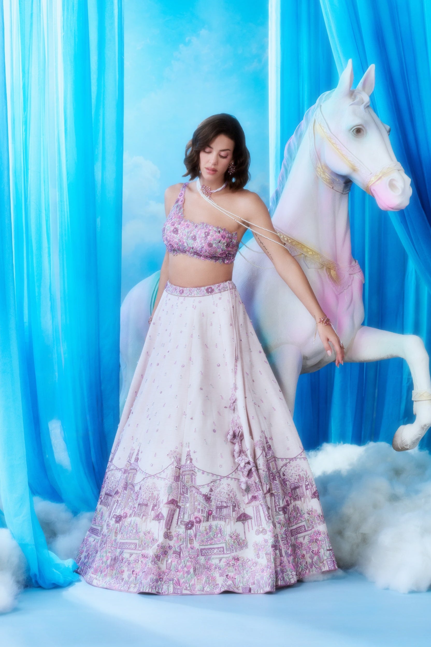 Lilac Garden City Embroidered Lehenga Set - full length with horse