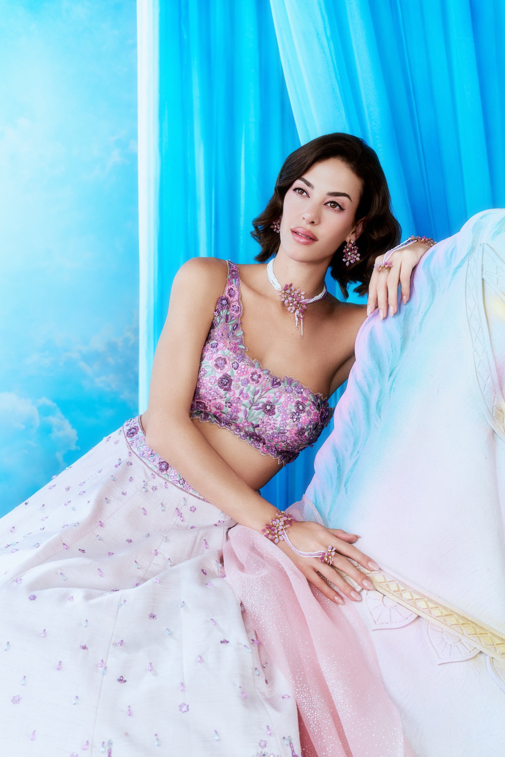 Lilac Garden City Embroidered Lehenga Set - seated close up