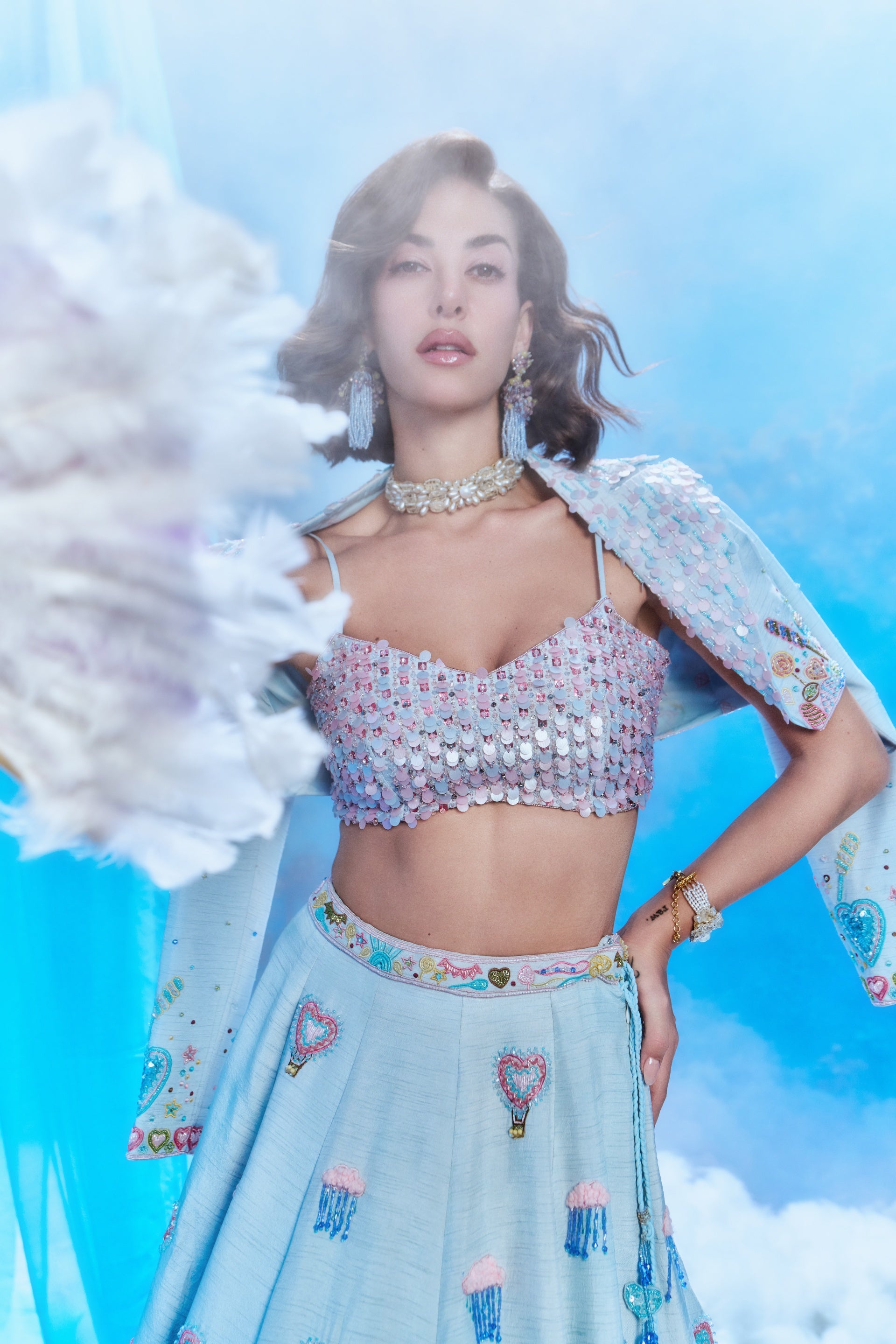 Sky Carnival Sequin Lehenga Set with Cape - close up bustier detail