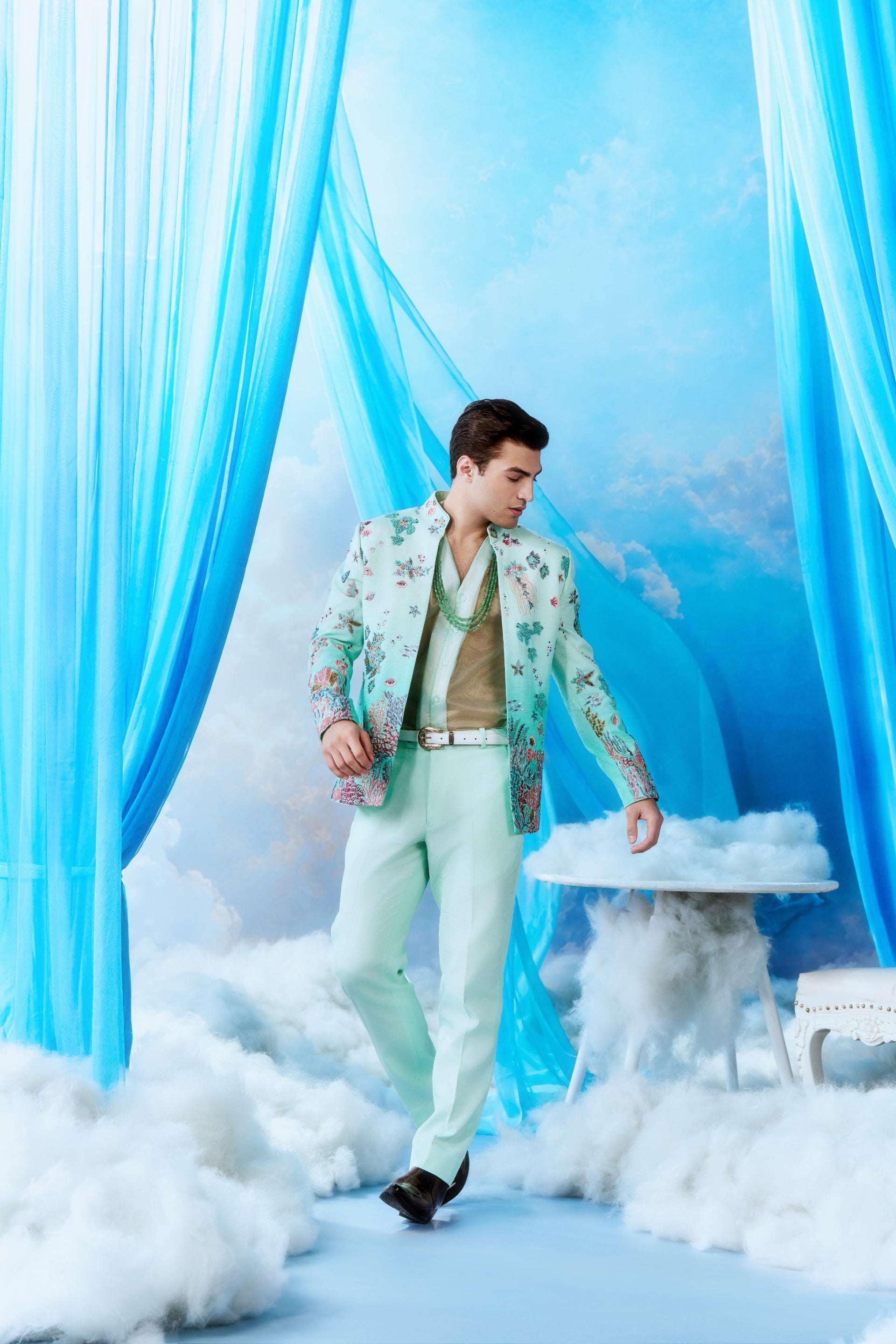 Mint Ocean World Embroidered Jacket Set - embroidery close up front
