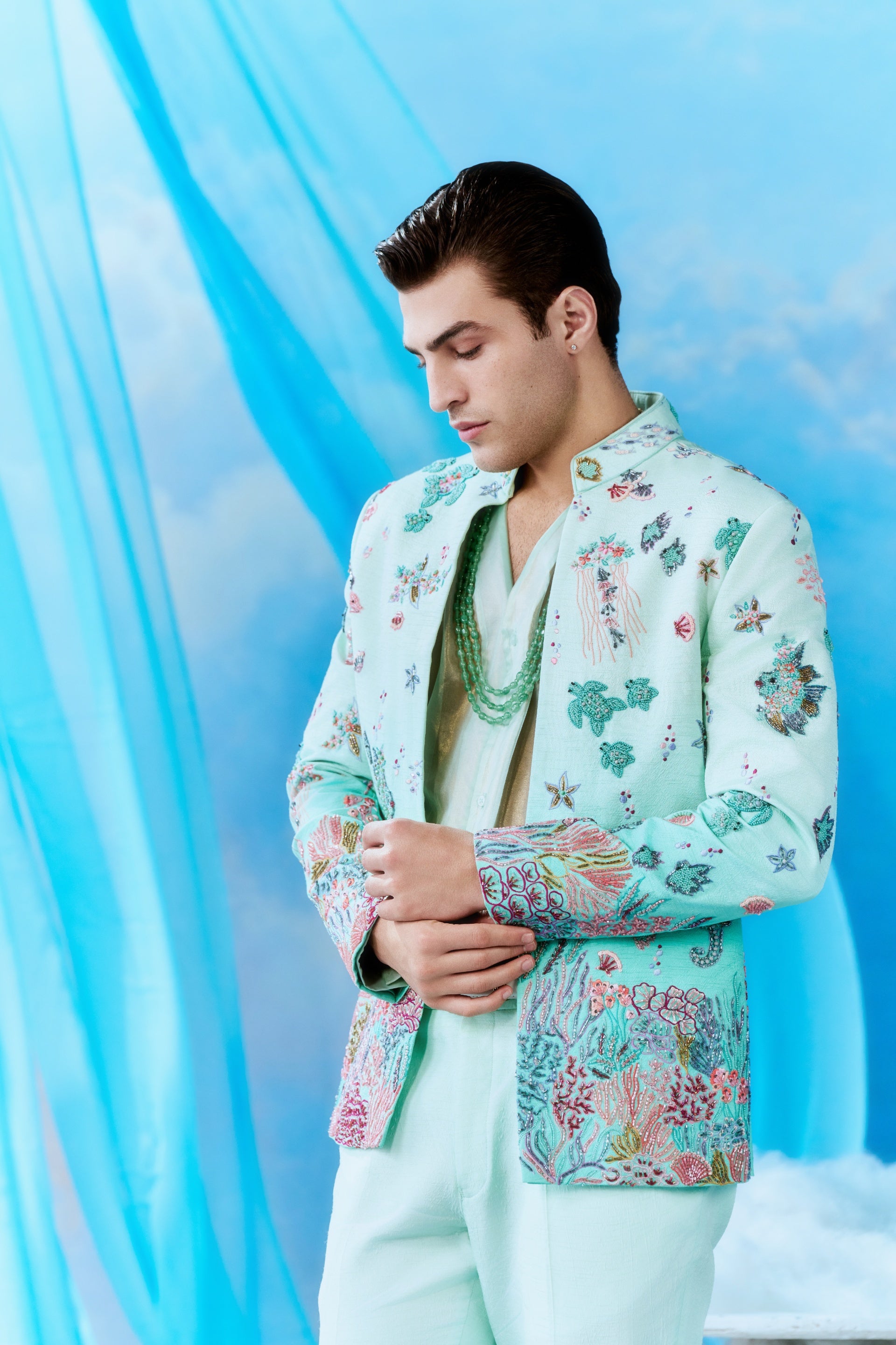 Mint Ocean World Embroidered Jacket Set - seated editorial shot