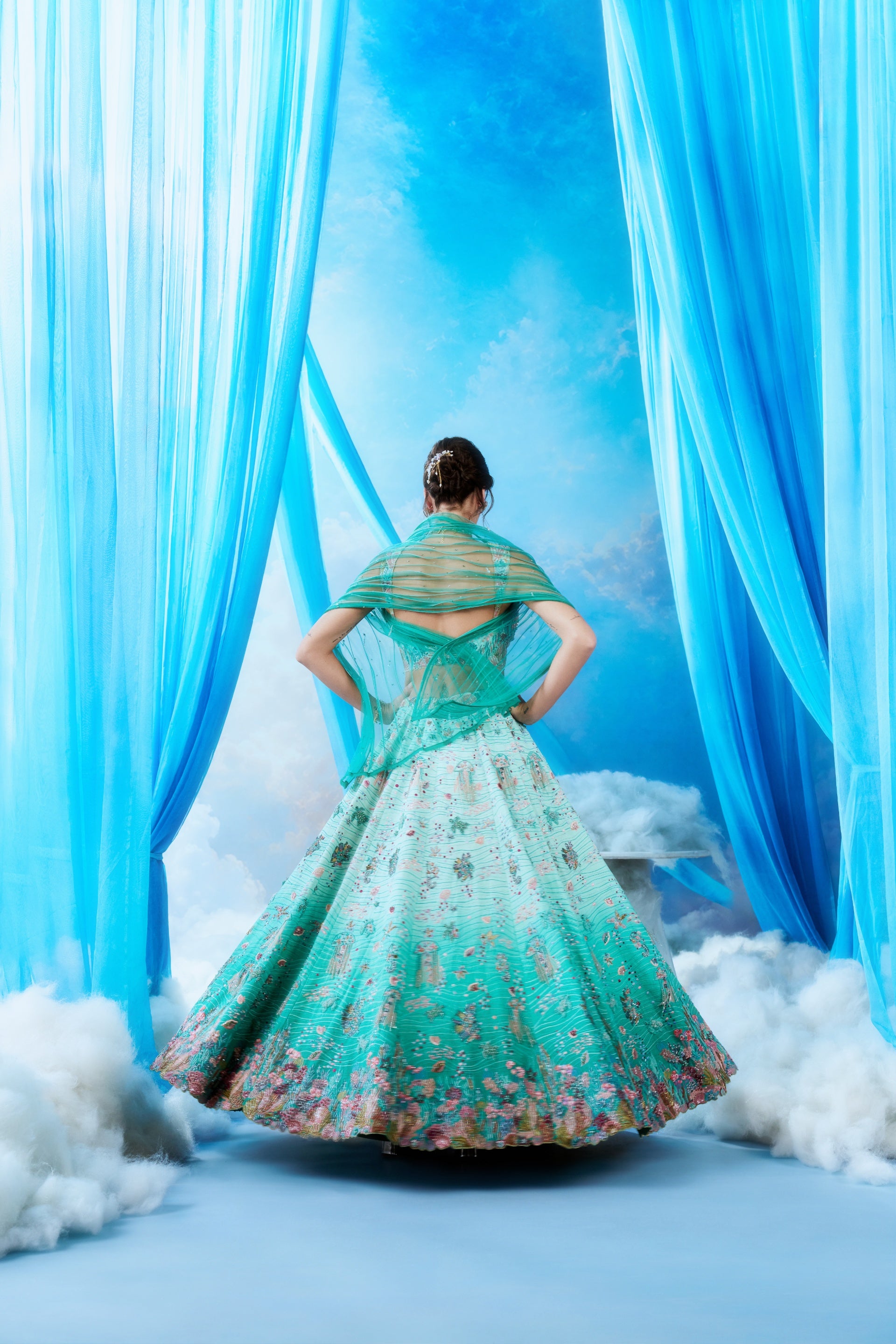 Teal Ombré Ocean Couture Bridal Lehenga - back view full spin