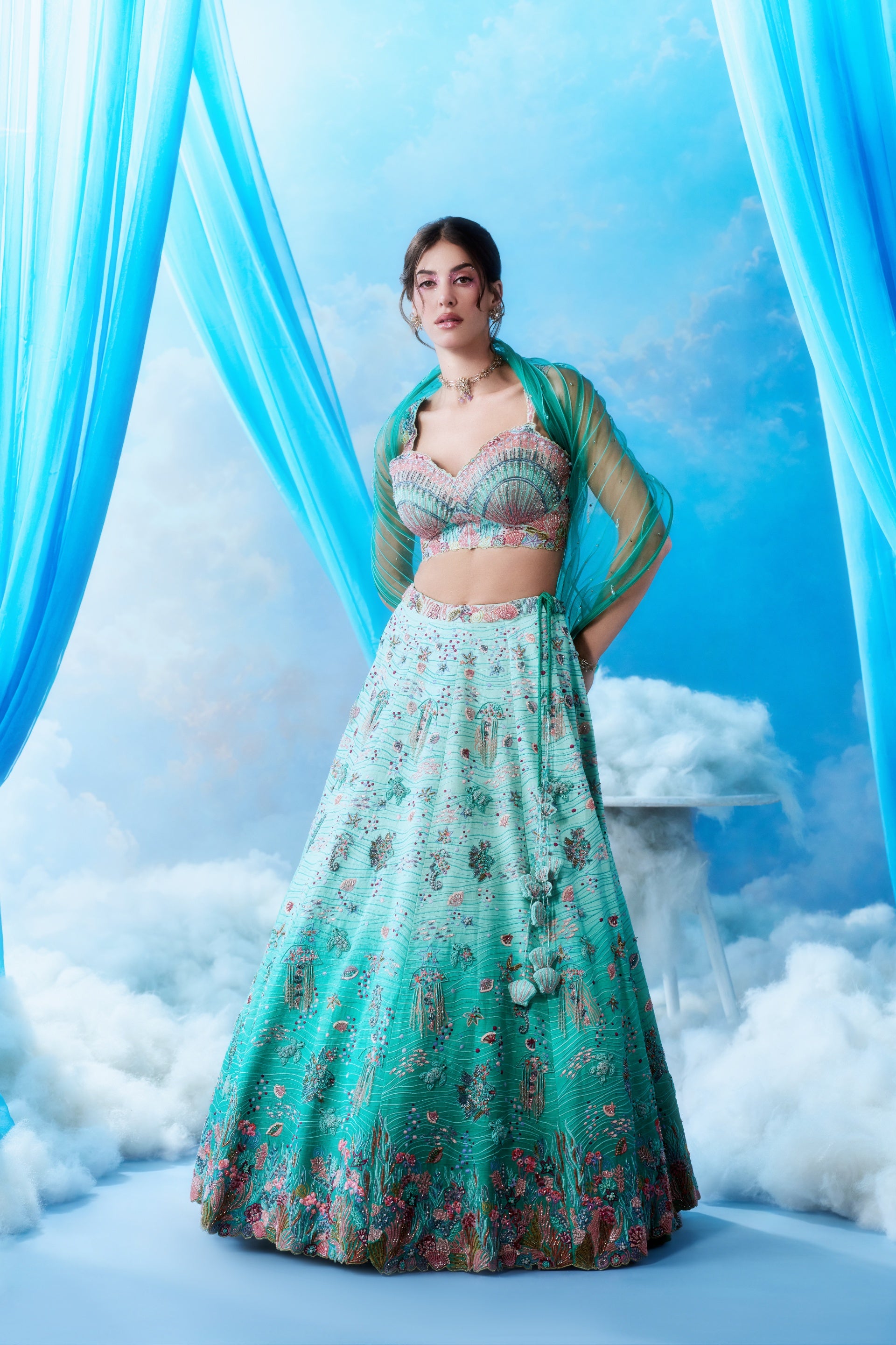 Teal Ombré Ocean Couture Bridal Lehenga - full front look