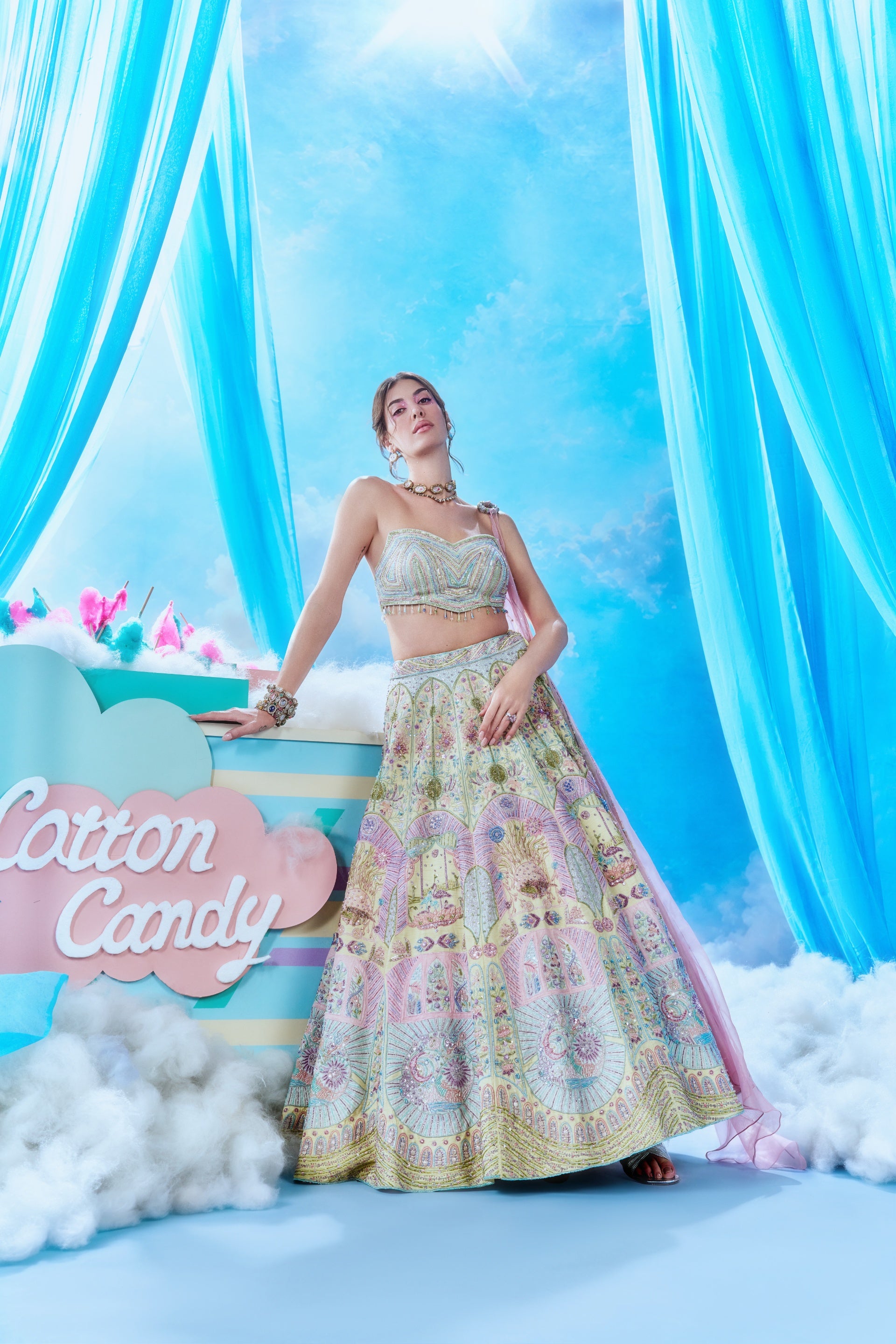 Ivory Gold Celestial Garden Lehenga - full look with dupatta