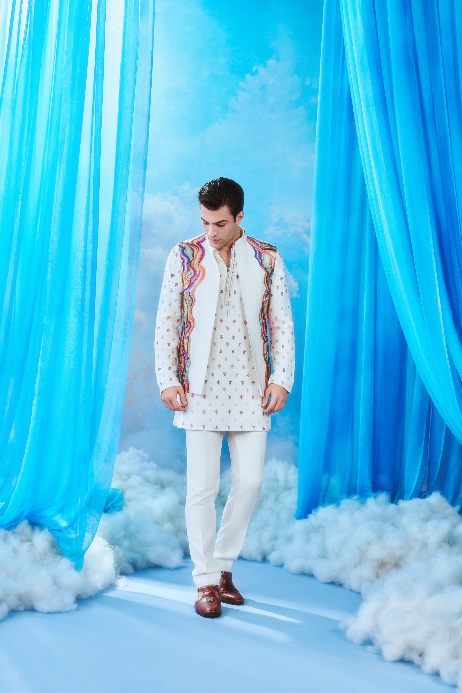 Ivory Rainbow Wave Nehru Jacket Set - full length front look