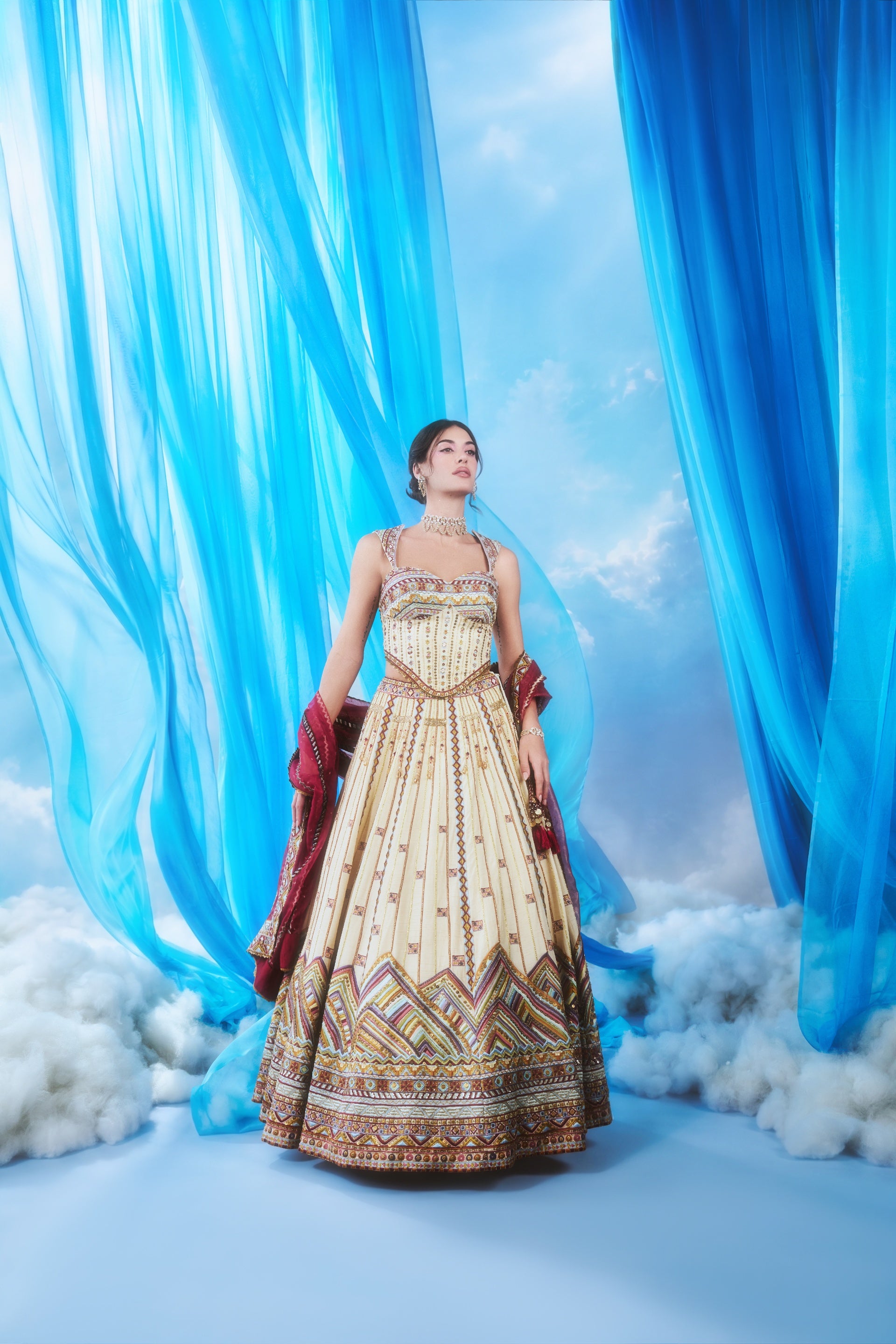 The Ivory Archive - full length front look with maroon dupatta