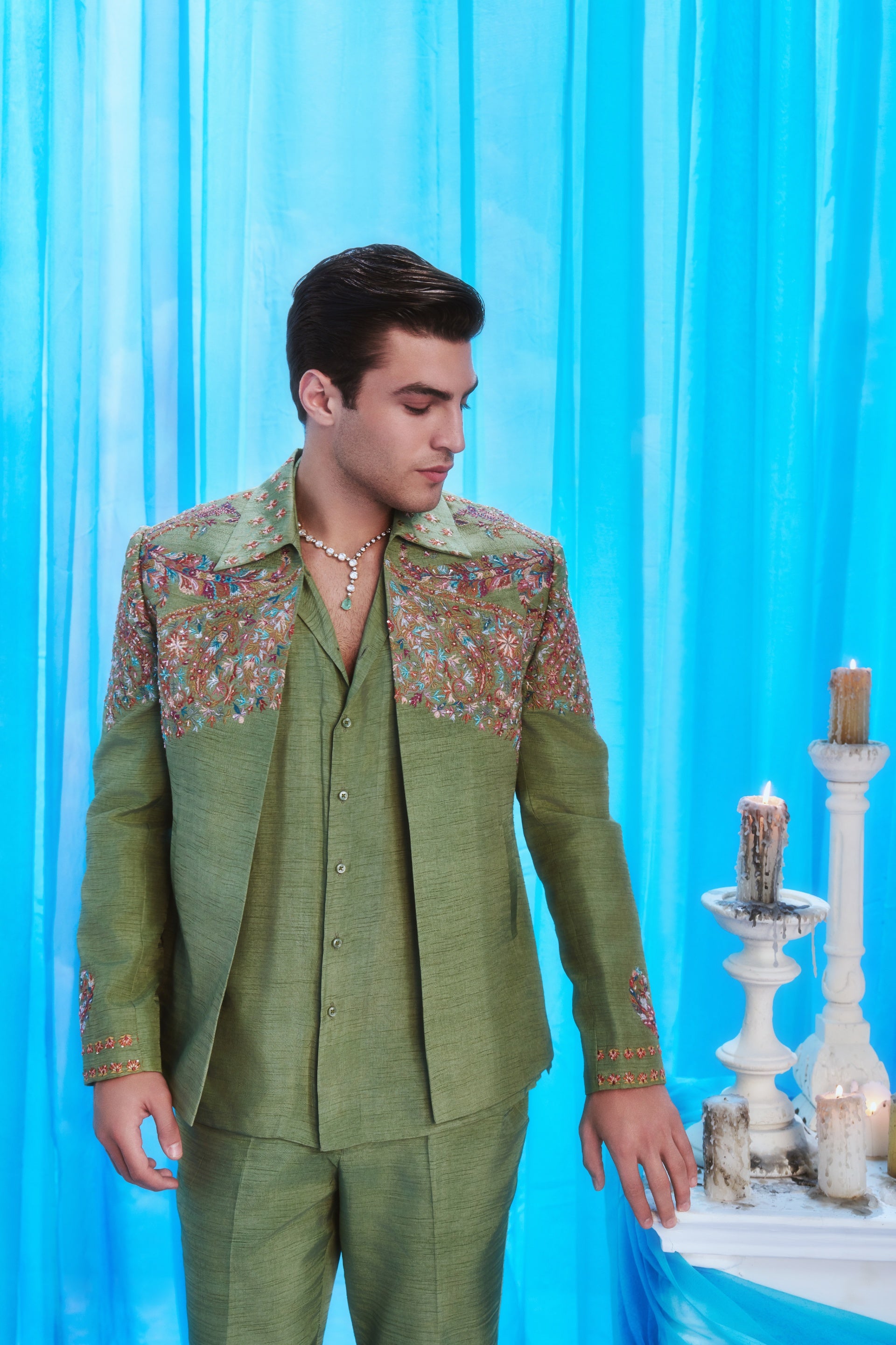 The Olive Garden Suit - close up of floral embroidery at chest and shoulders