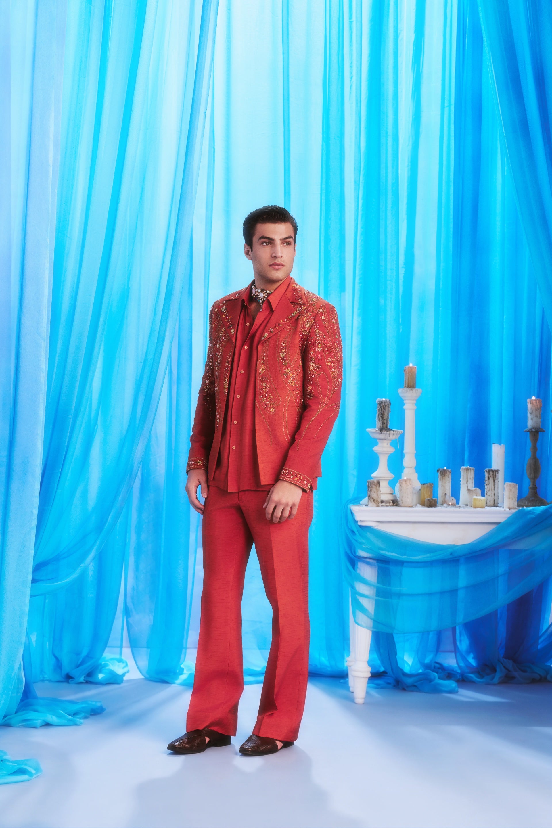 Crimson Bloom Suit - full length front look with flared trousers