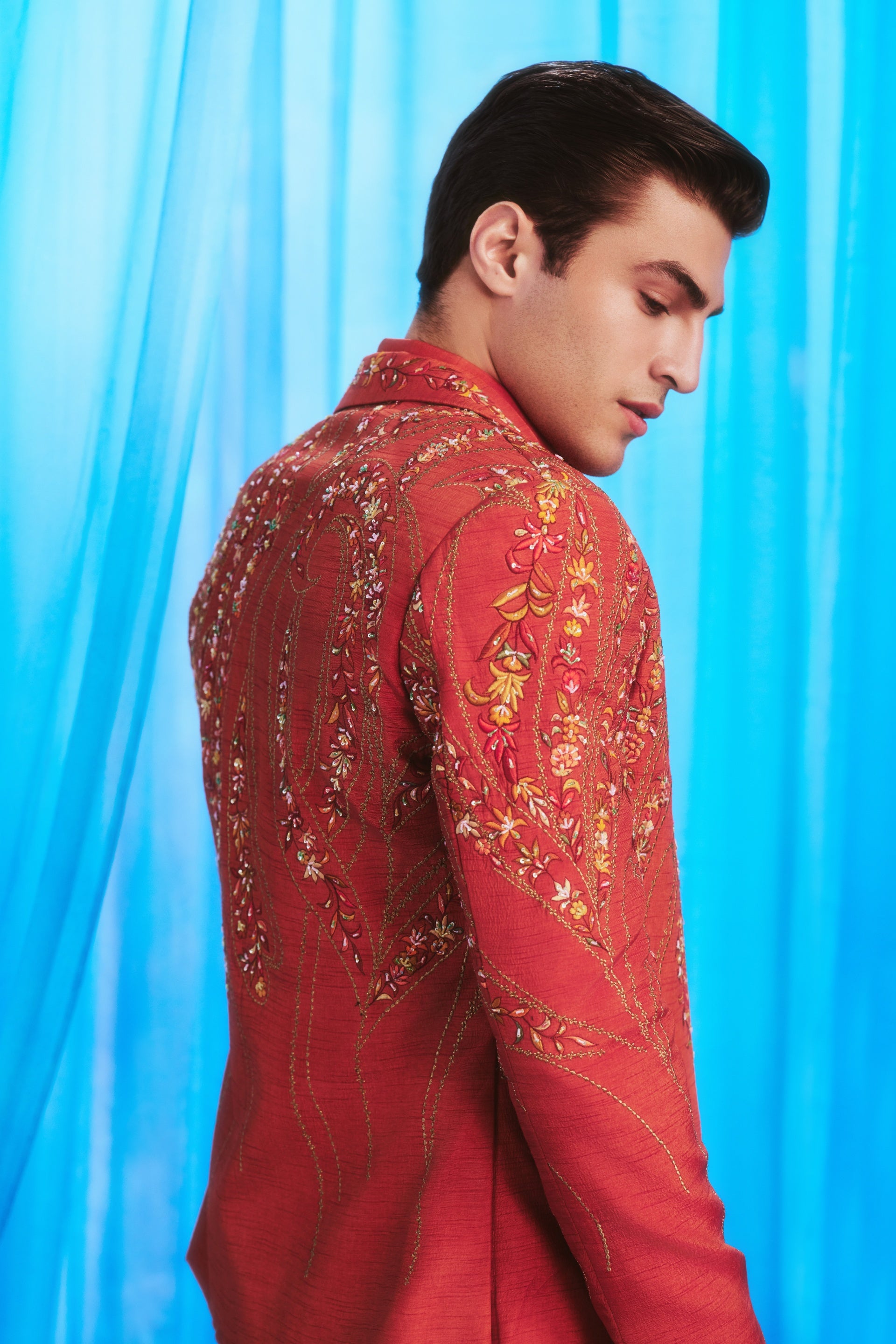 Crimson Bloom Suit - back view showing full embroidery across jacket