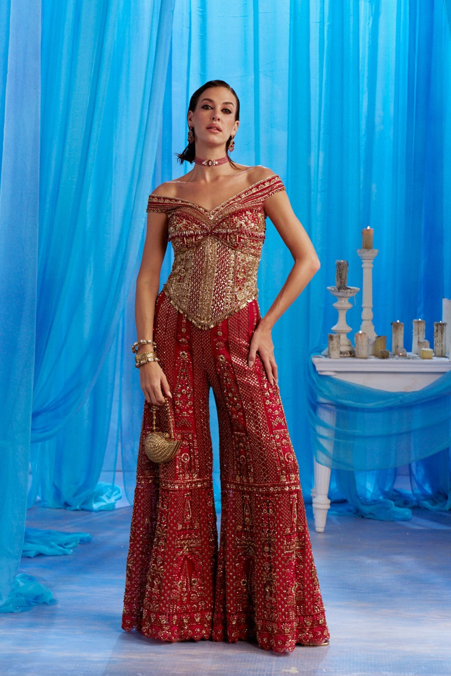 Crimson Zardozi Off-Shoulder Corset Sharara Set - front view