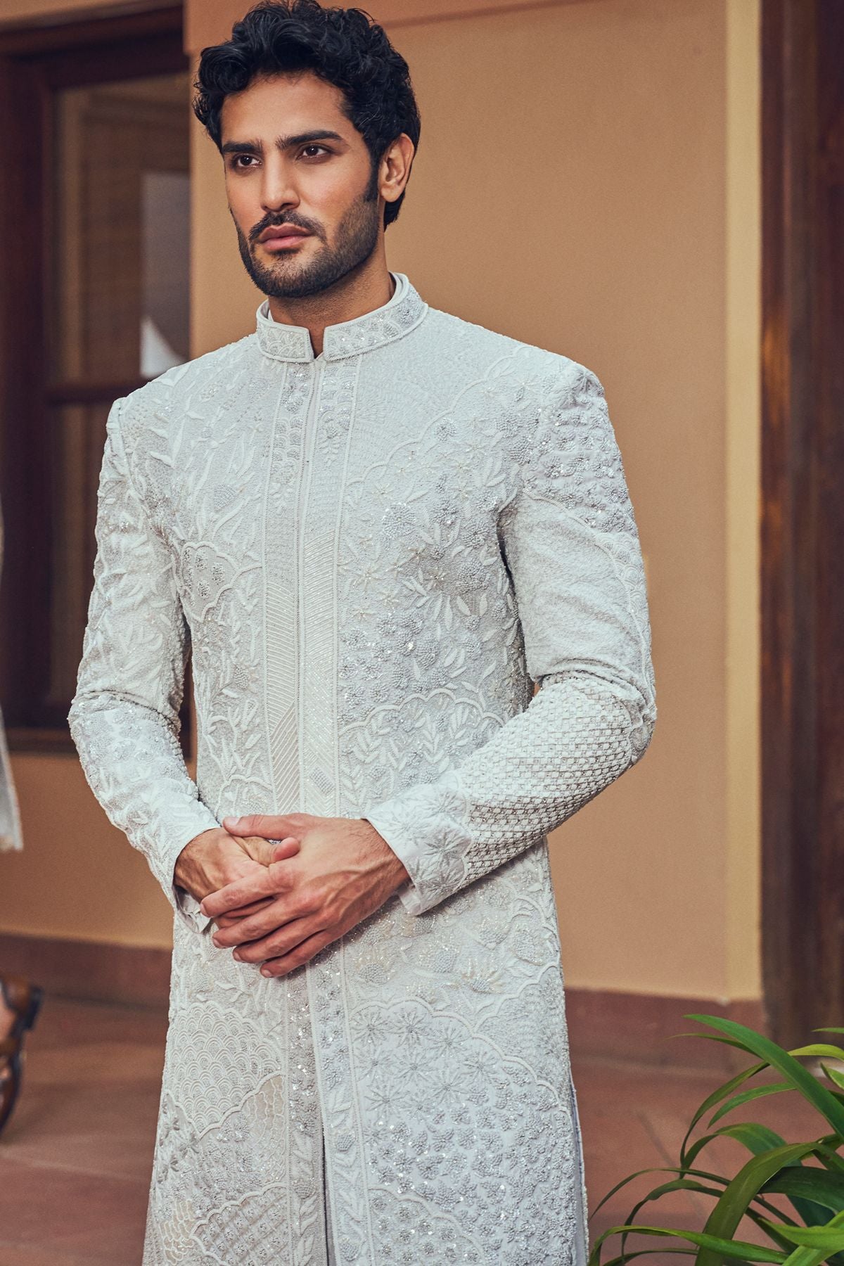 Silver Abstract Embroidered Sherwani