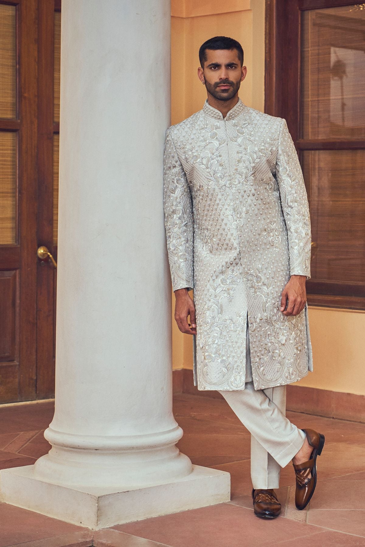 Grey Abstract Embroidered Sherwani