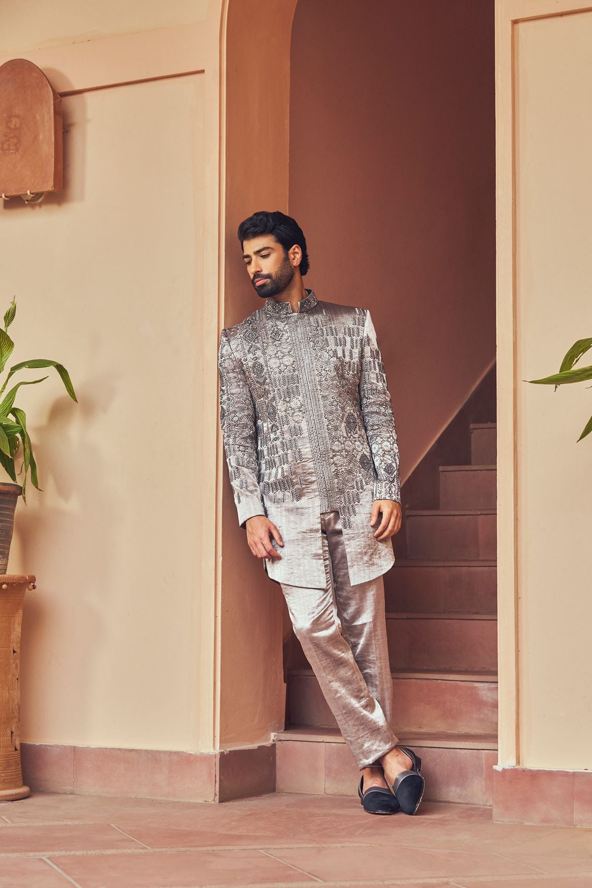 Silver Tissue Embellished Indowestern