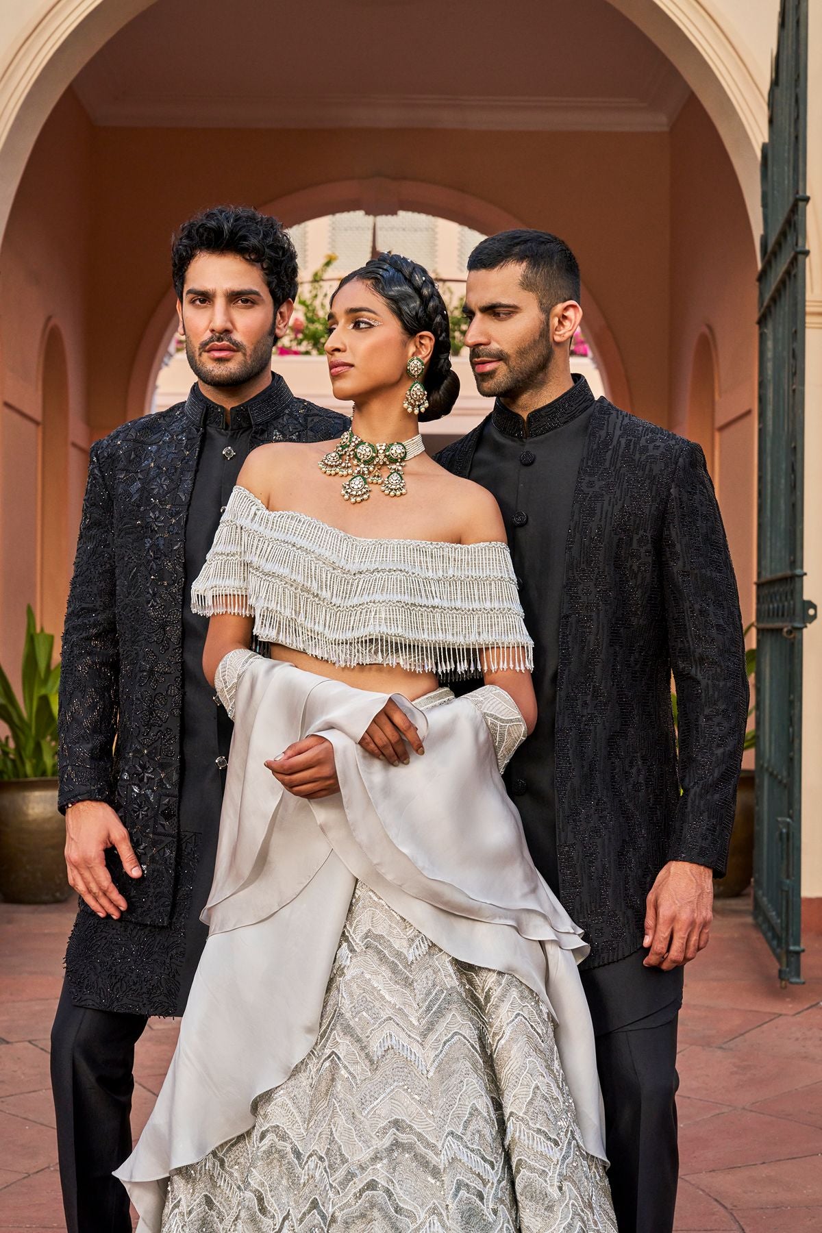 Silver off-Shoulder Embellished Lehenga