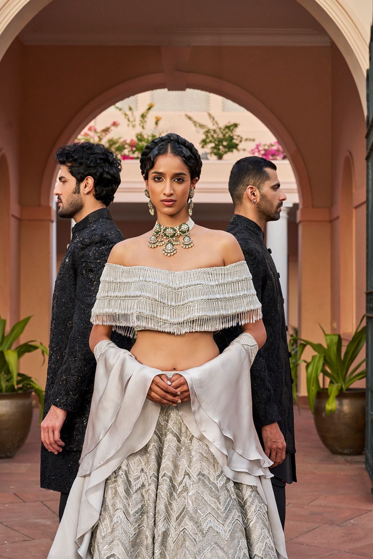 Silver off-Shoulder Embellished Lehenga