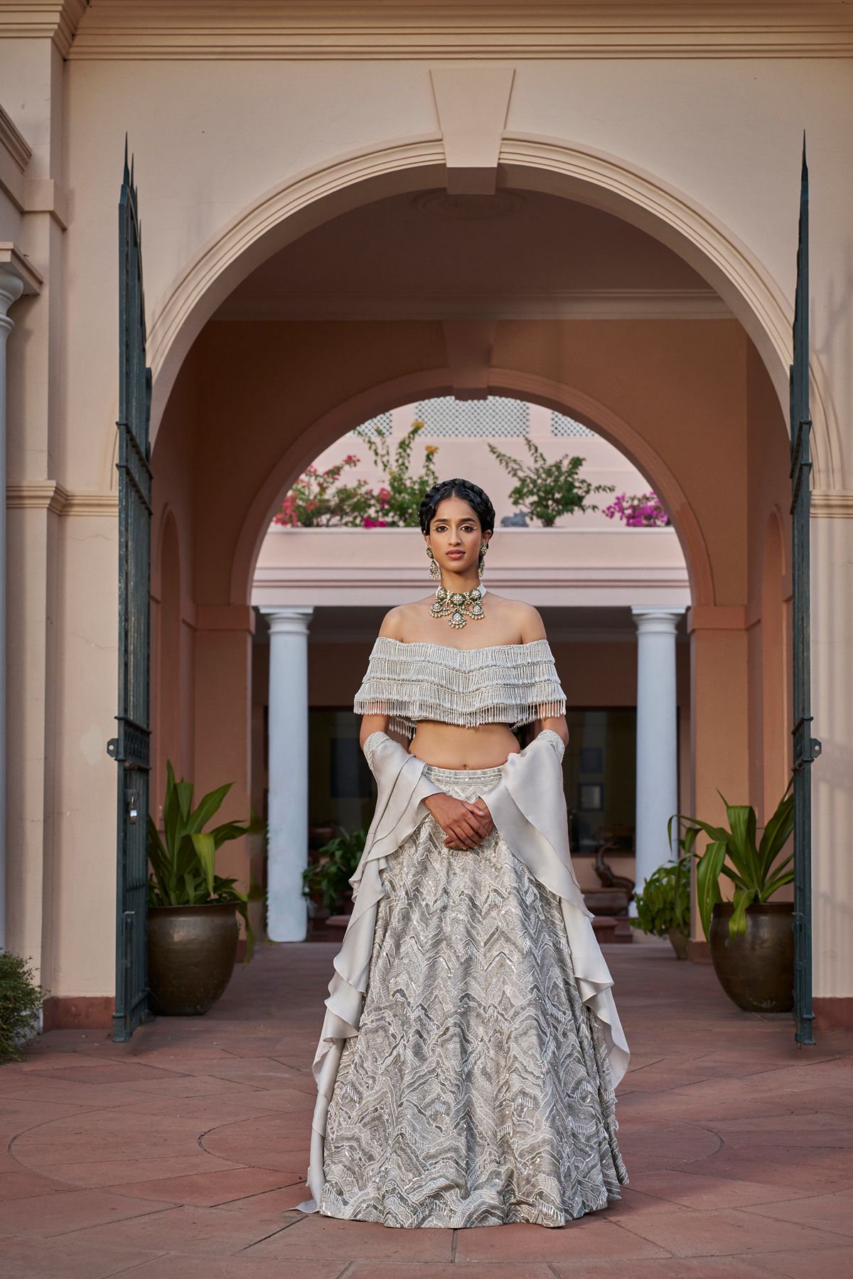 Silver off-Shoulder Embellished Lehenga