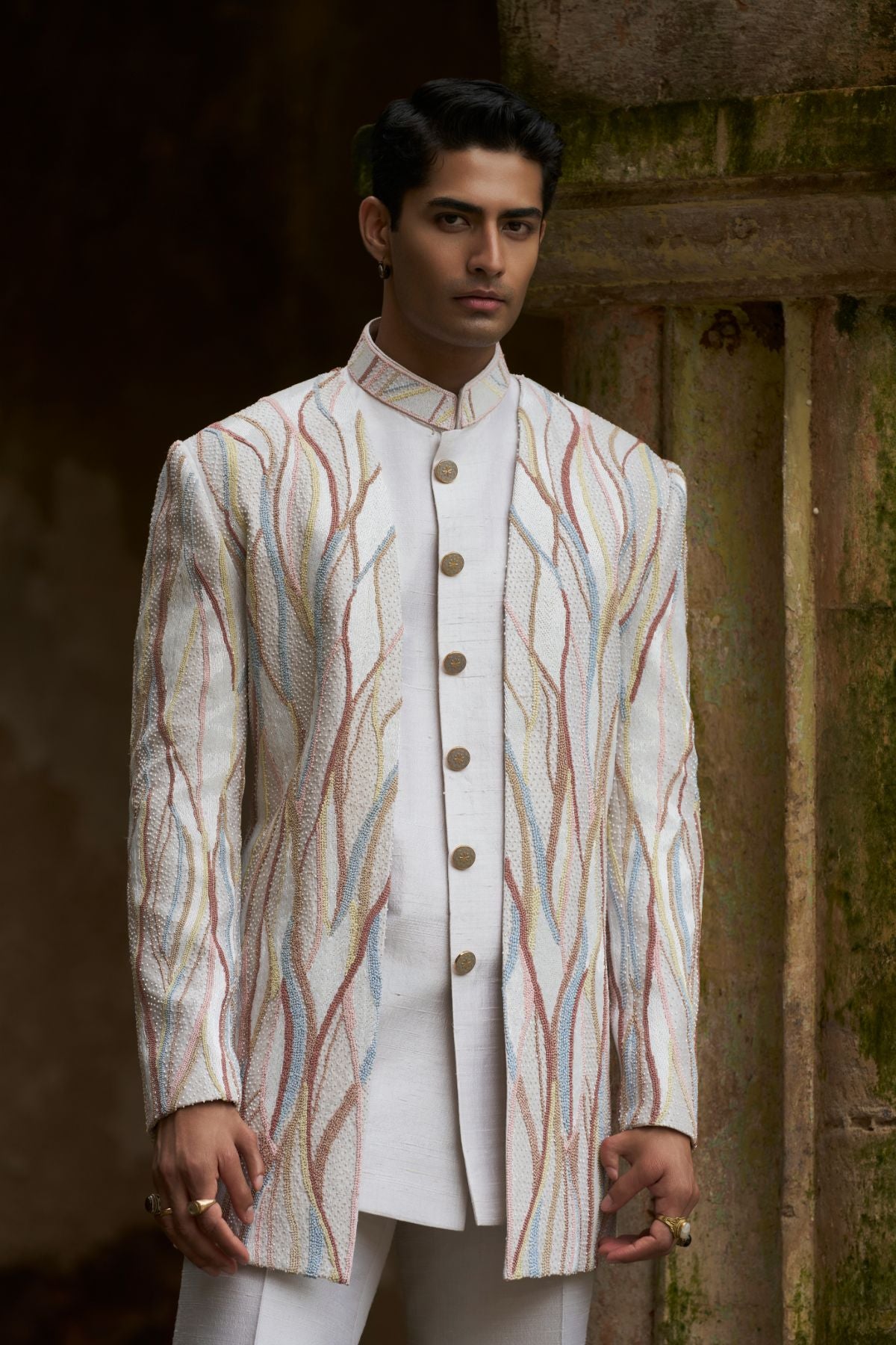 Grey Multicolored French Knot Indowestern