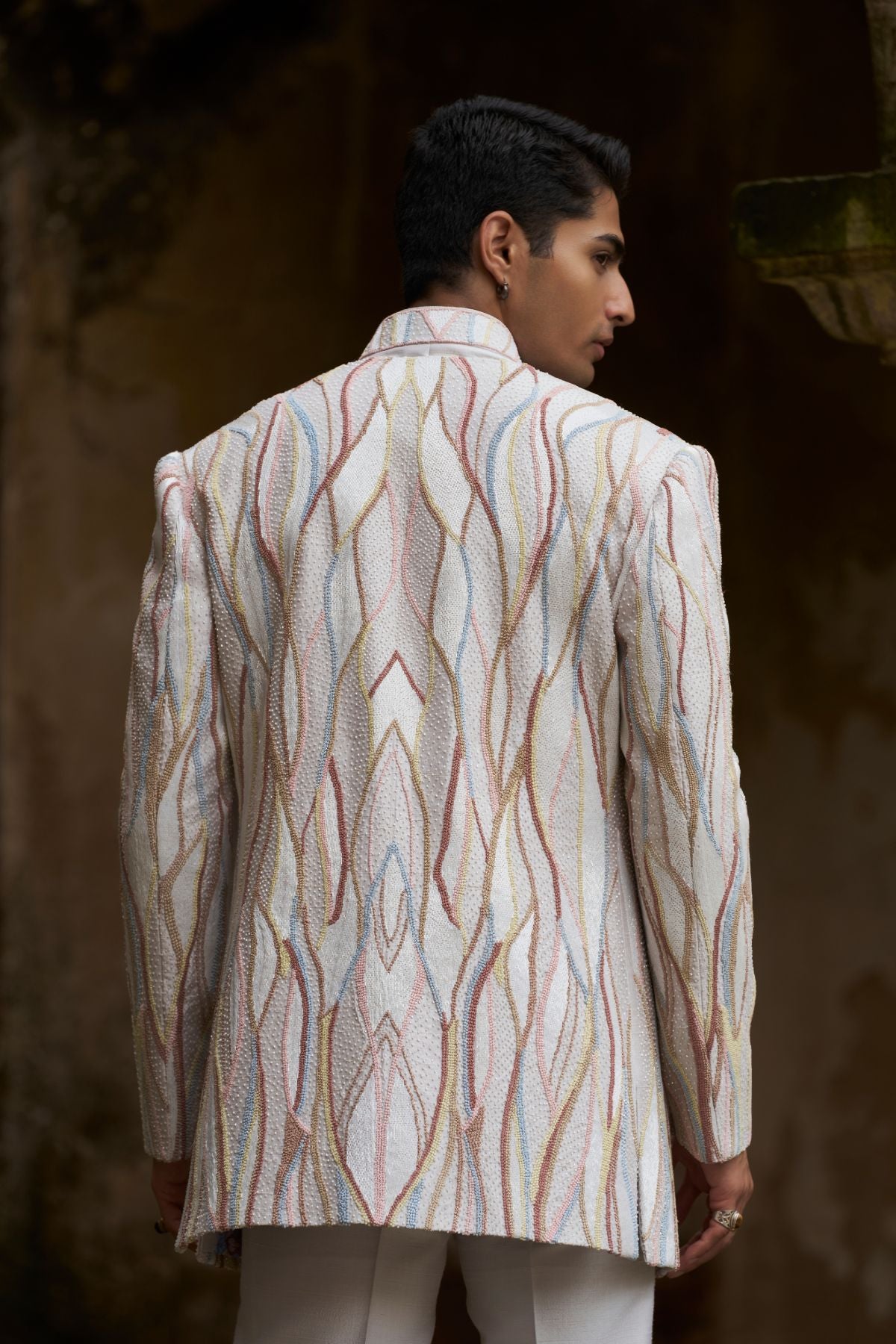 Grey Multicolored French Knot Indowestern