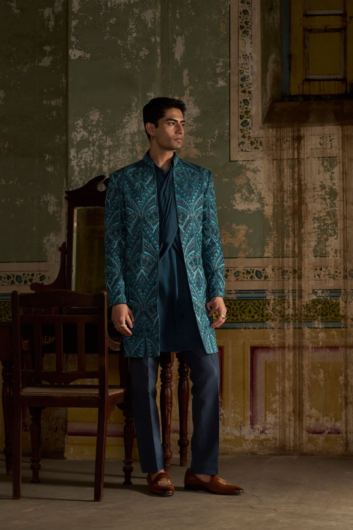 Teal Blue Draped Indowestern