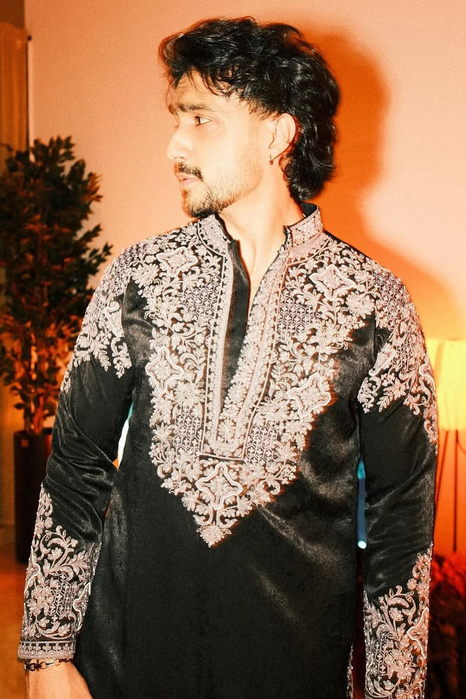 Tanzeel Khan in the Obsidian Black Kurta with Silver Zardozi