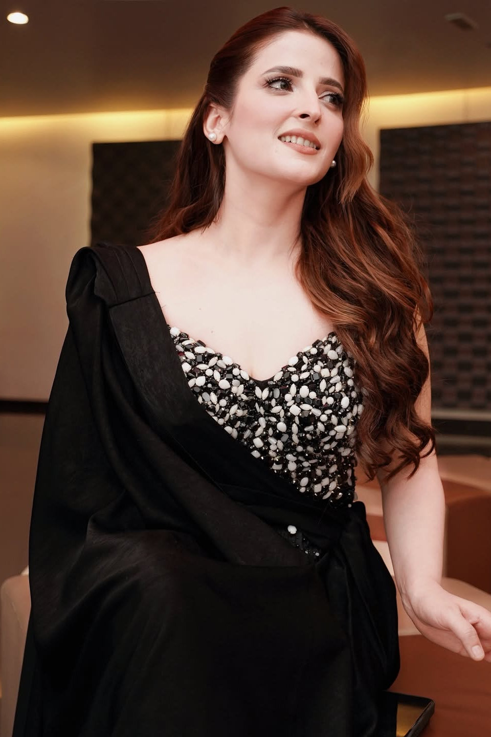 Rehmat Rattan in Black Crystal Embellished Cape Gown