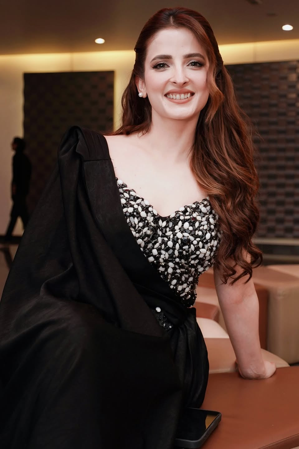 Rehmat Rattan in Black Crystal Embellished Cape Gown