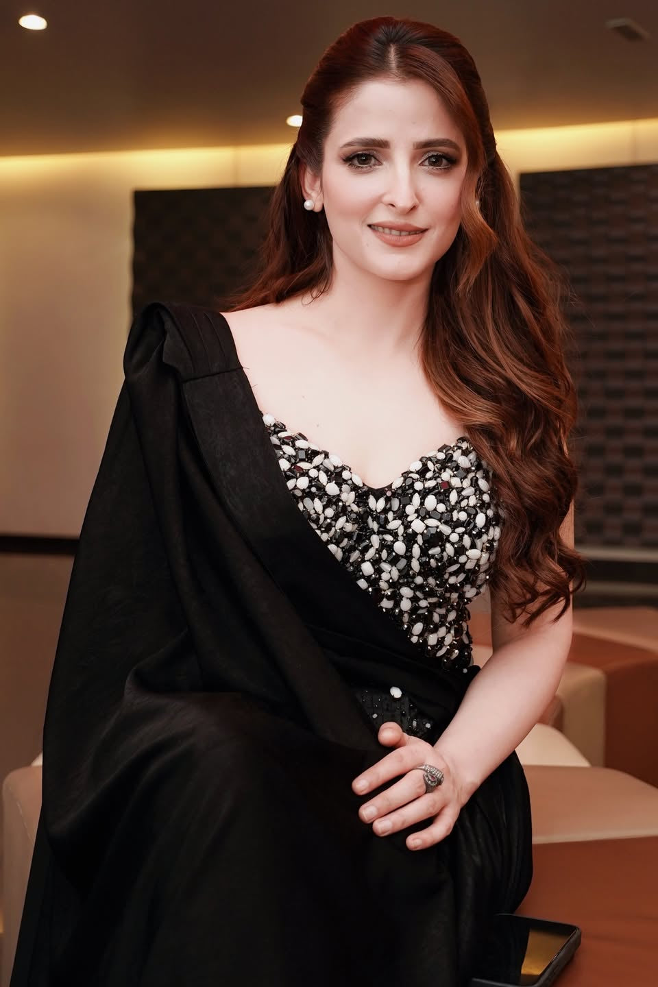 Rehmat Rattan in Black Crystal Embellished Cape Gown