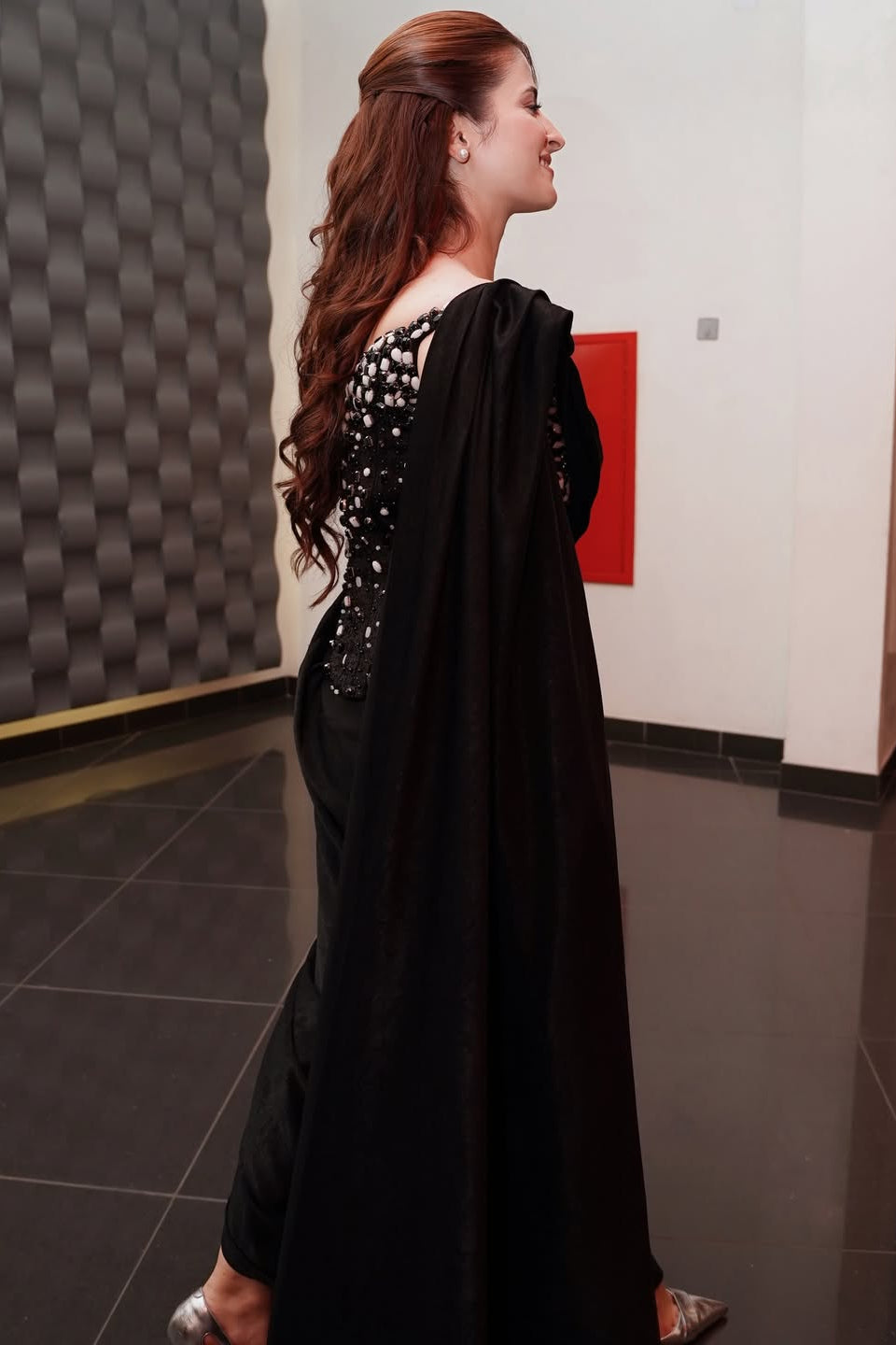 Rehmat Rattan in Black Crystal Embellished Cape Gown