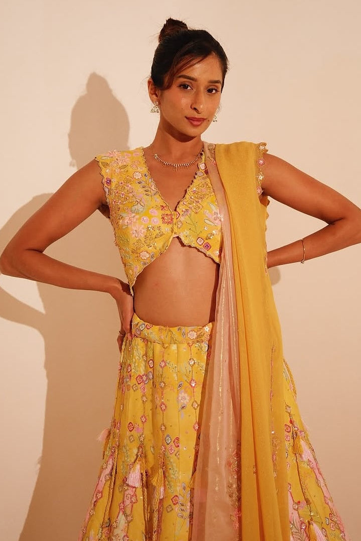 Unnati Malharkar – Sunshine Yellow & Blush Floral Lehenga