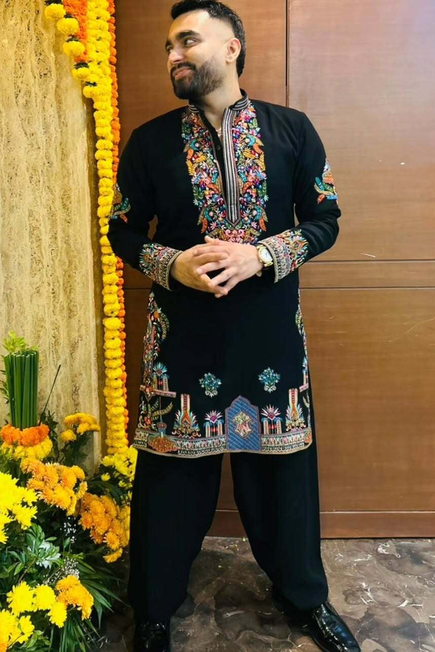 Viraj Ghelani in Black Multicolour Embroidered Kurta Set