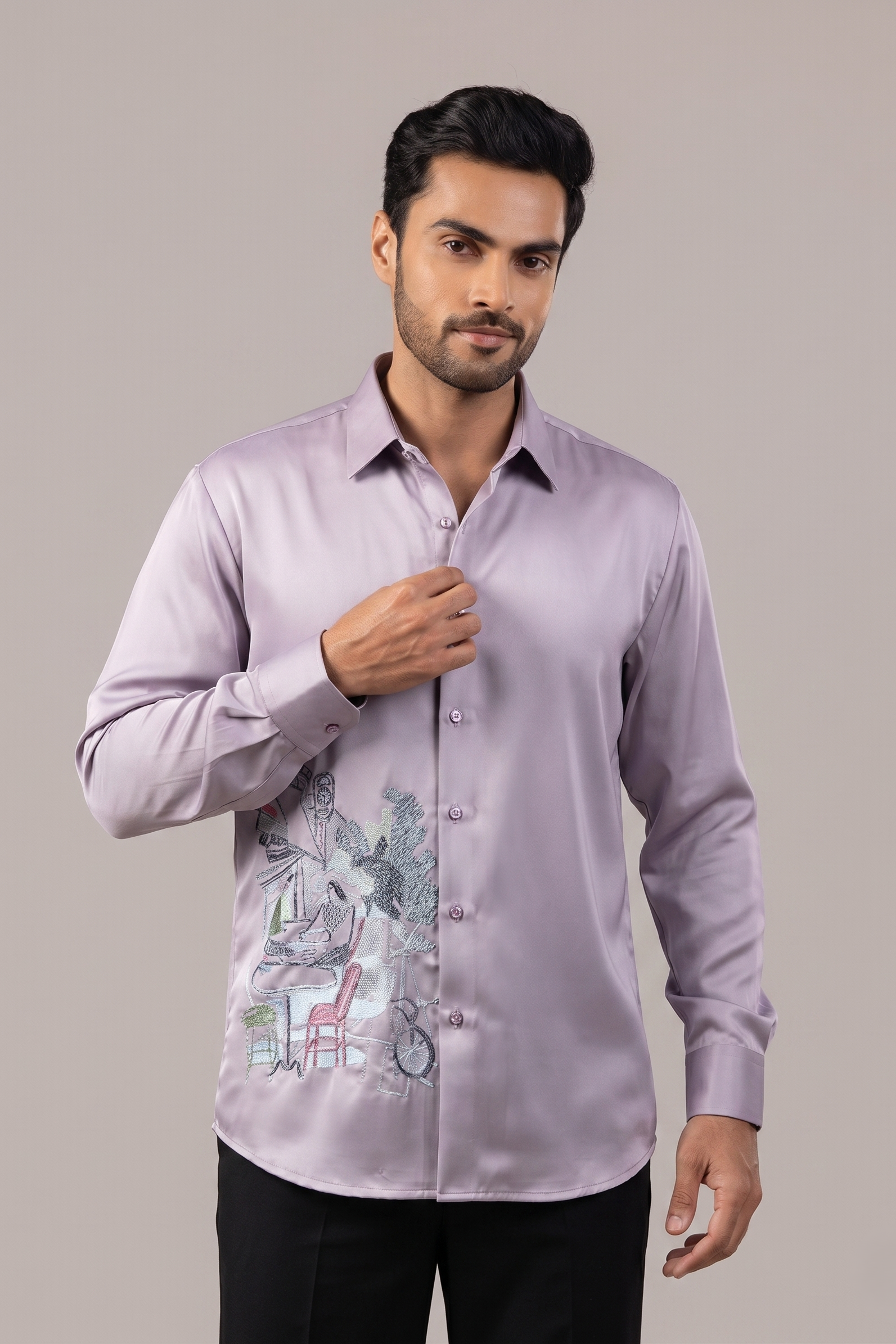 Dusty Mauve Parisian Scene Sketch Embroidered Shirt