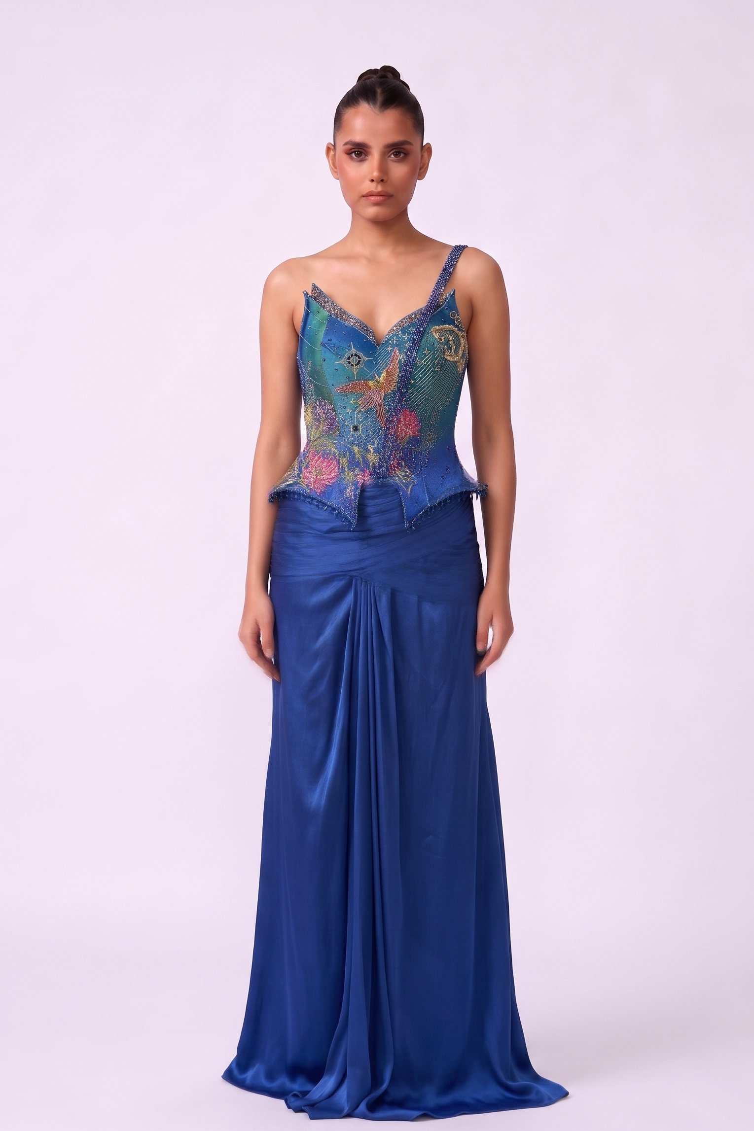 Celestial Hummingbird Embroidered Corset Indo-Western Set - full length view