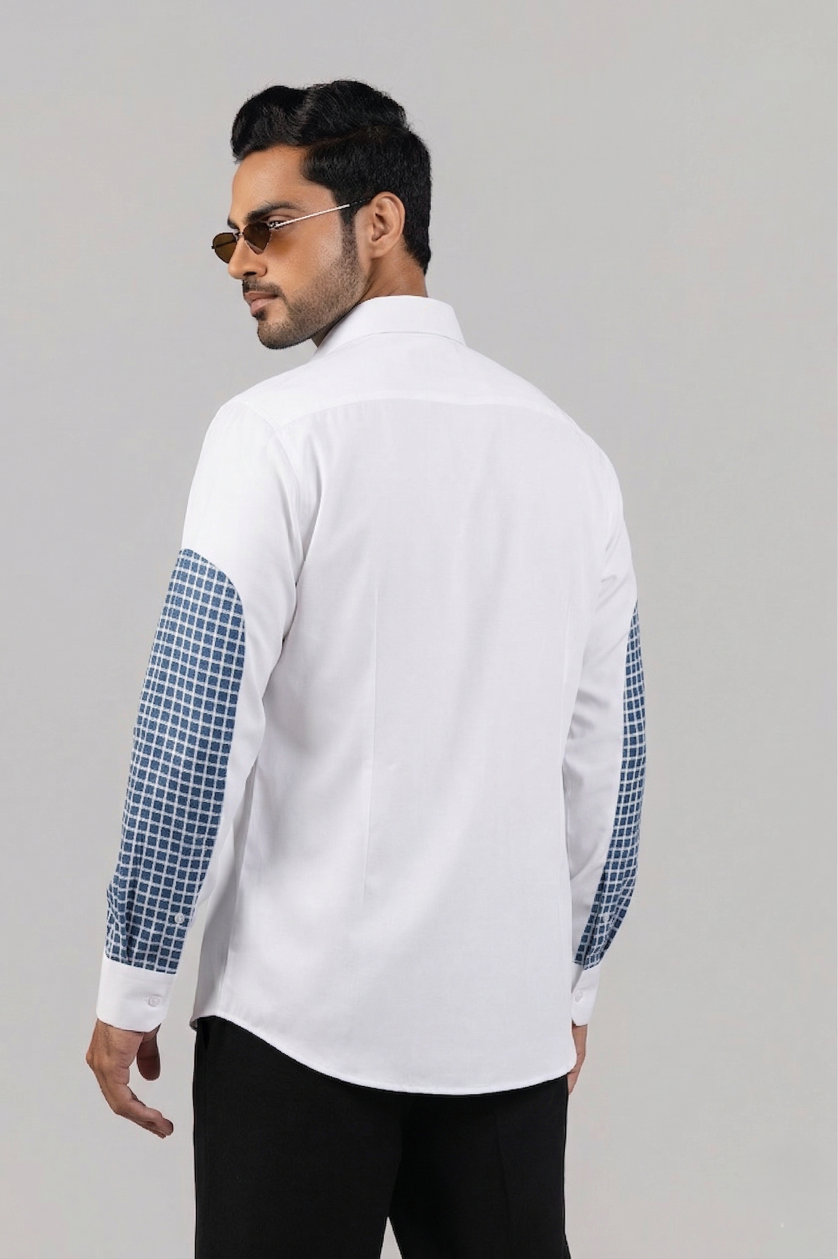 White Navy Grid Panel Contrast Sleeve Shirt