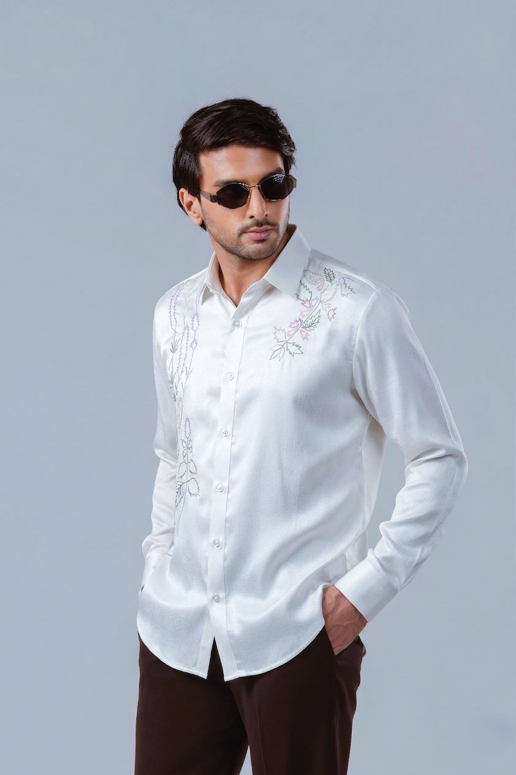 Pearl White Satin Scattered Floral Vine Embroidered Shirt