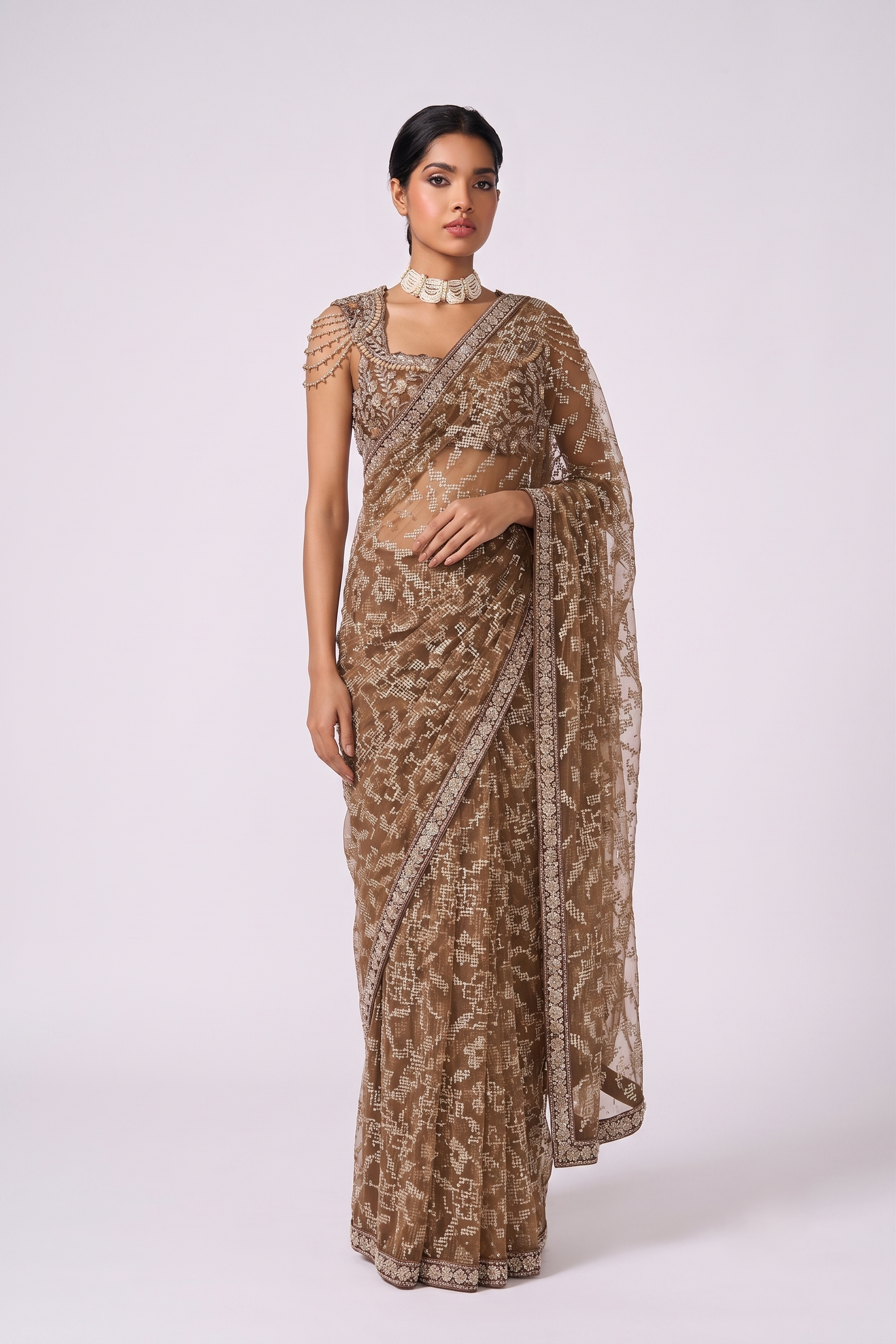 Tawny Grid Saree - Full Drape View
